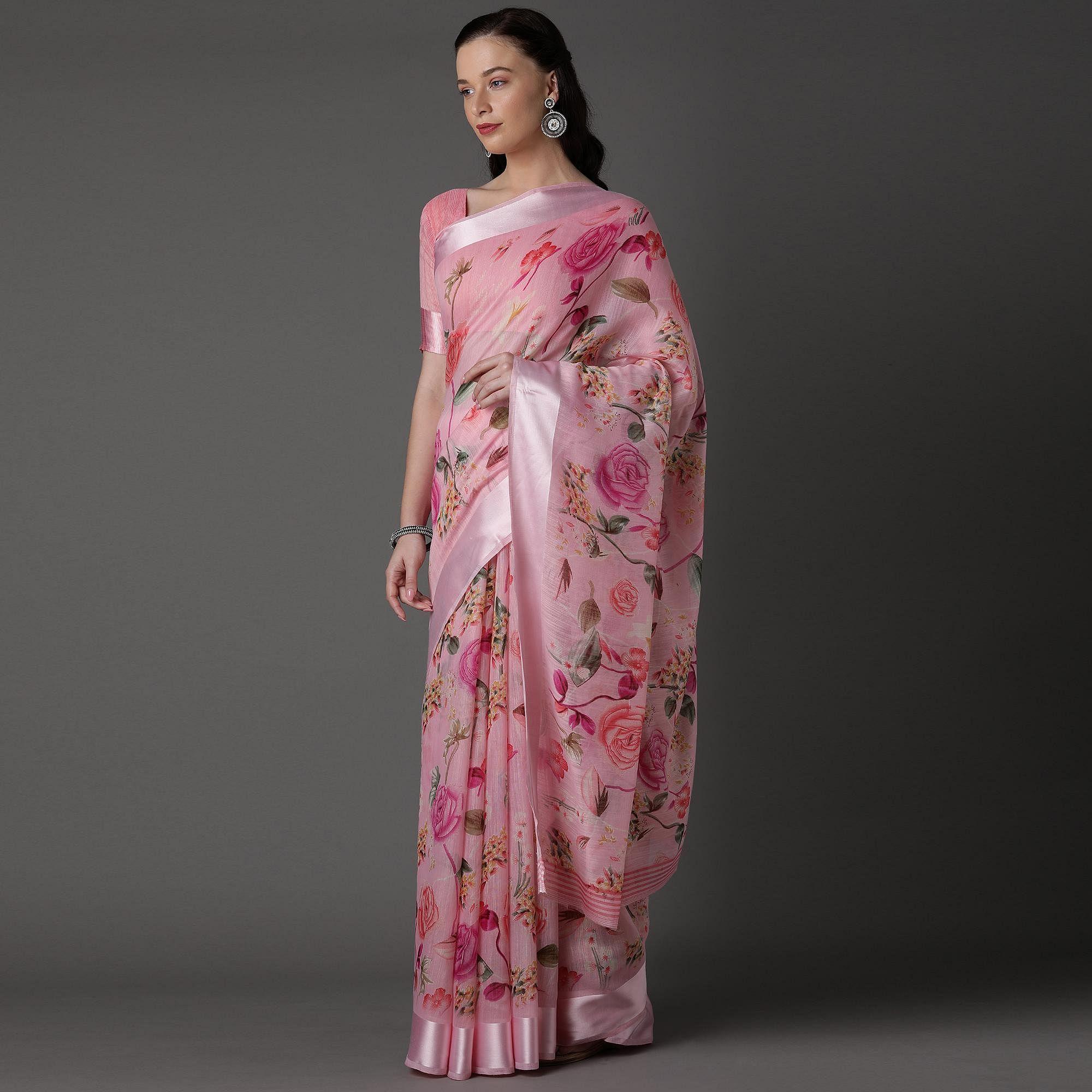 Light Pink  Casual Cotton Silk with Satin Patta Printed Saree With Unstitched Blouse - Peachmode