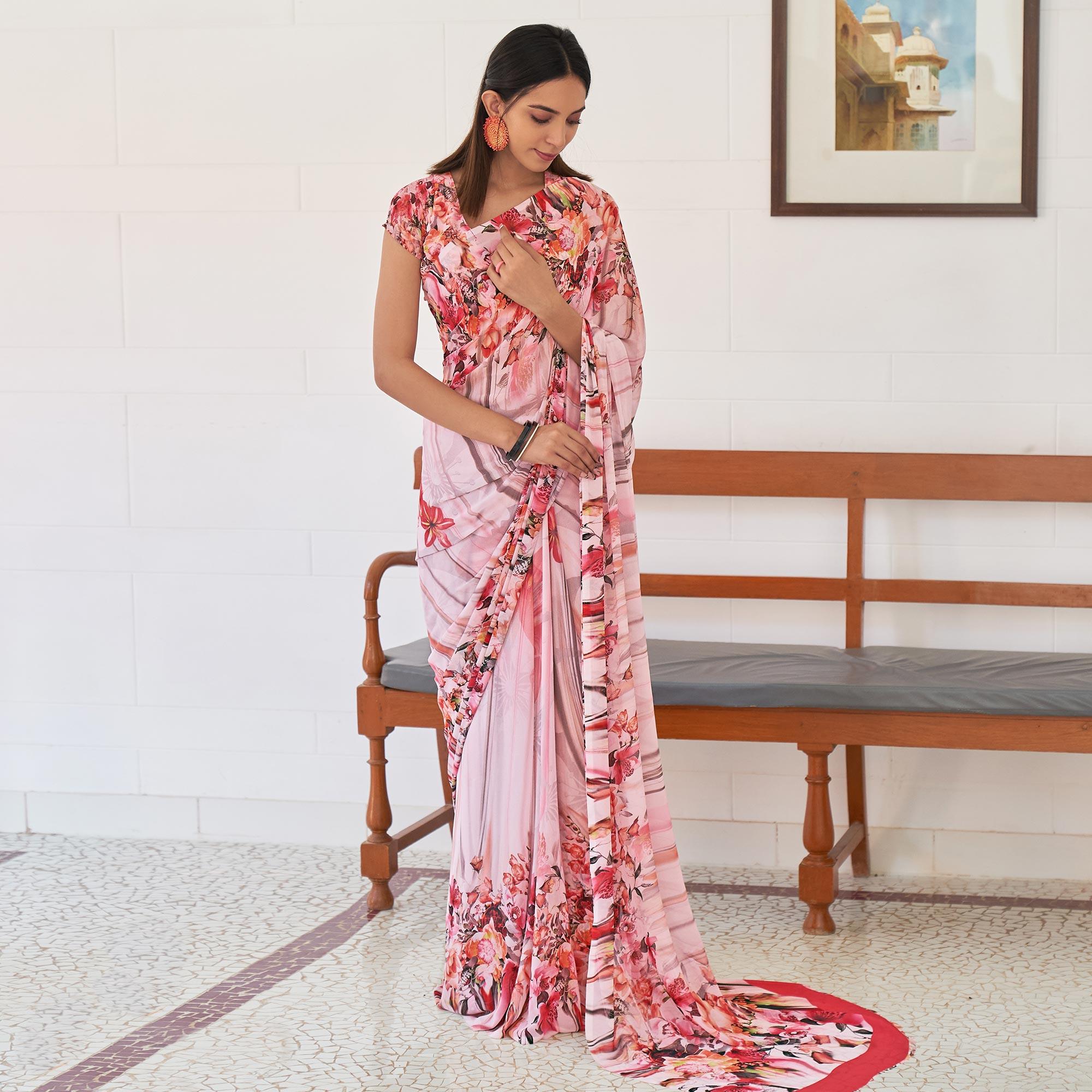Light Pink Casual Wear Digital Printed Satin Georgette Saree - Peachmode