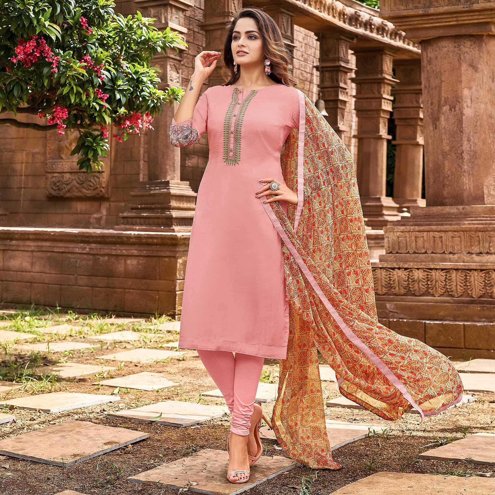 Light Pink Casual Wear Embroidered Chanderi Dress Material - Peachmode