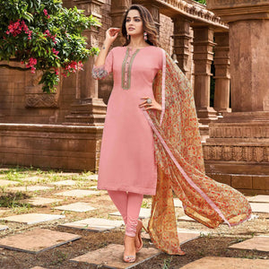Light Pink Casual Wear Embroidered Chanderi Dress Material - Peachmode