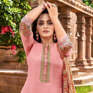 Light Pink Casual Wear Embroidered Chanderi Dress Material - Peachmode