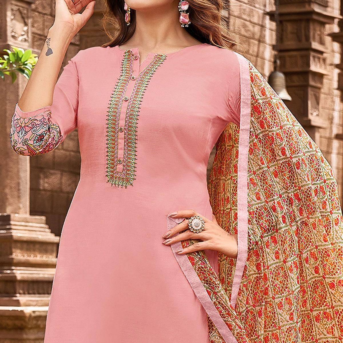Light Pink Casual Wear Embroidered Chanderi Dress Material - Peachmode