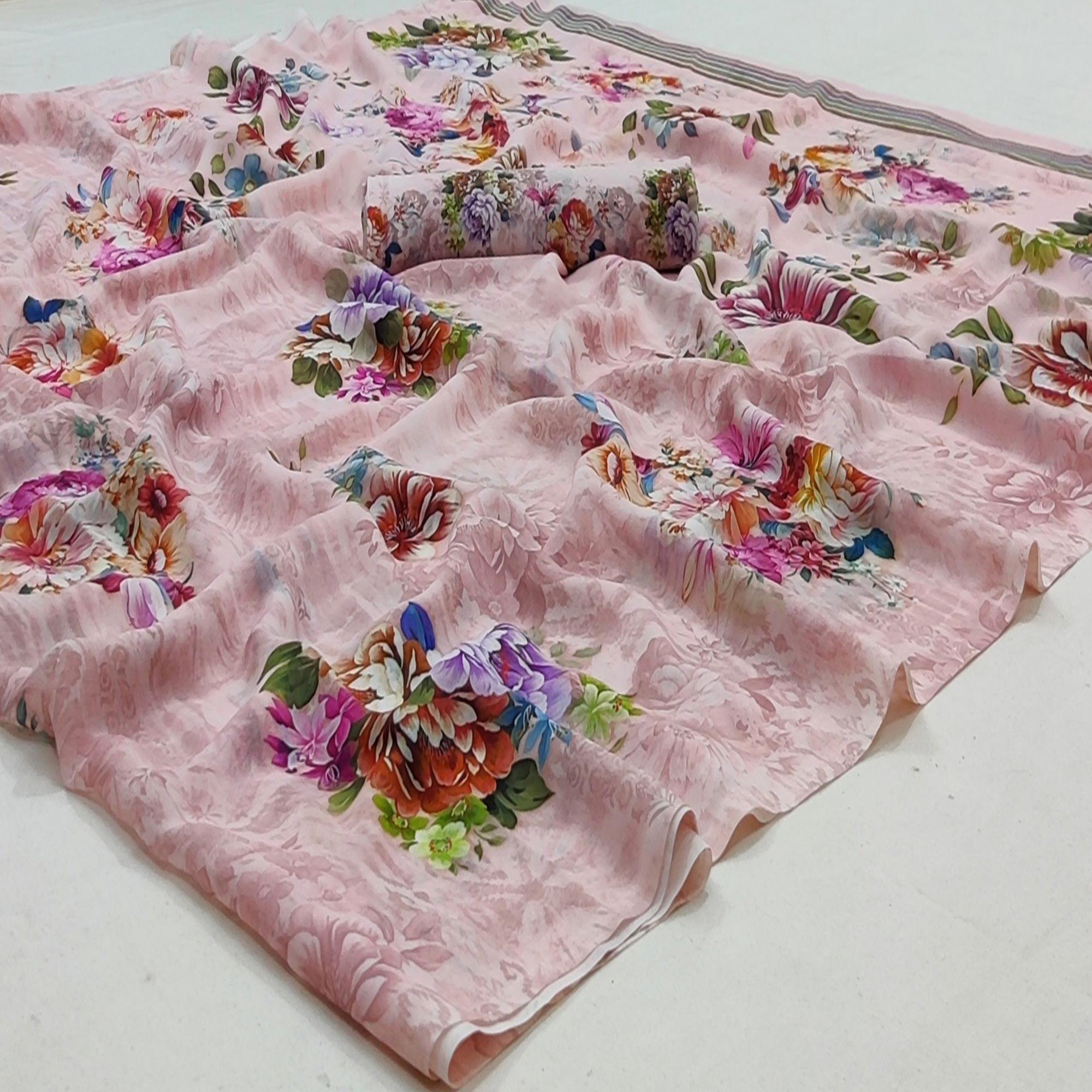 Light Pink Casual Wear Floral Digital Printed Georgette Saree - Peachmode