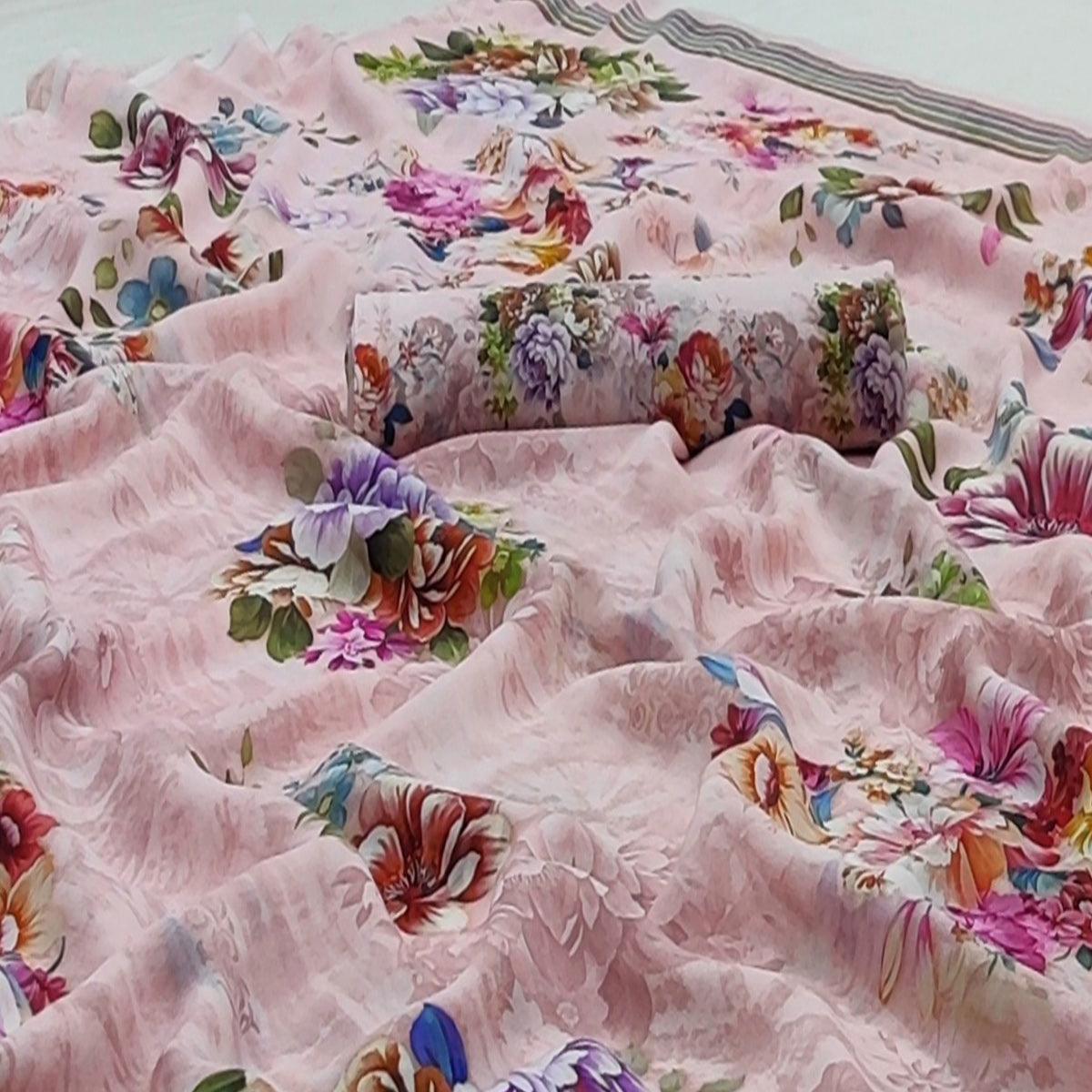 Light Pink Casual Wear Floral Digital Printed Georgette Saree - Peachmode