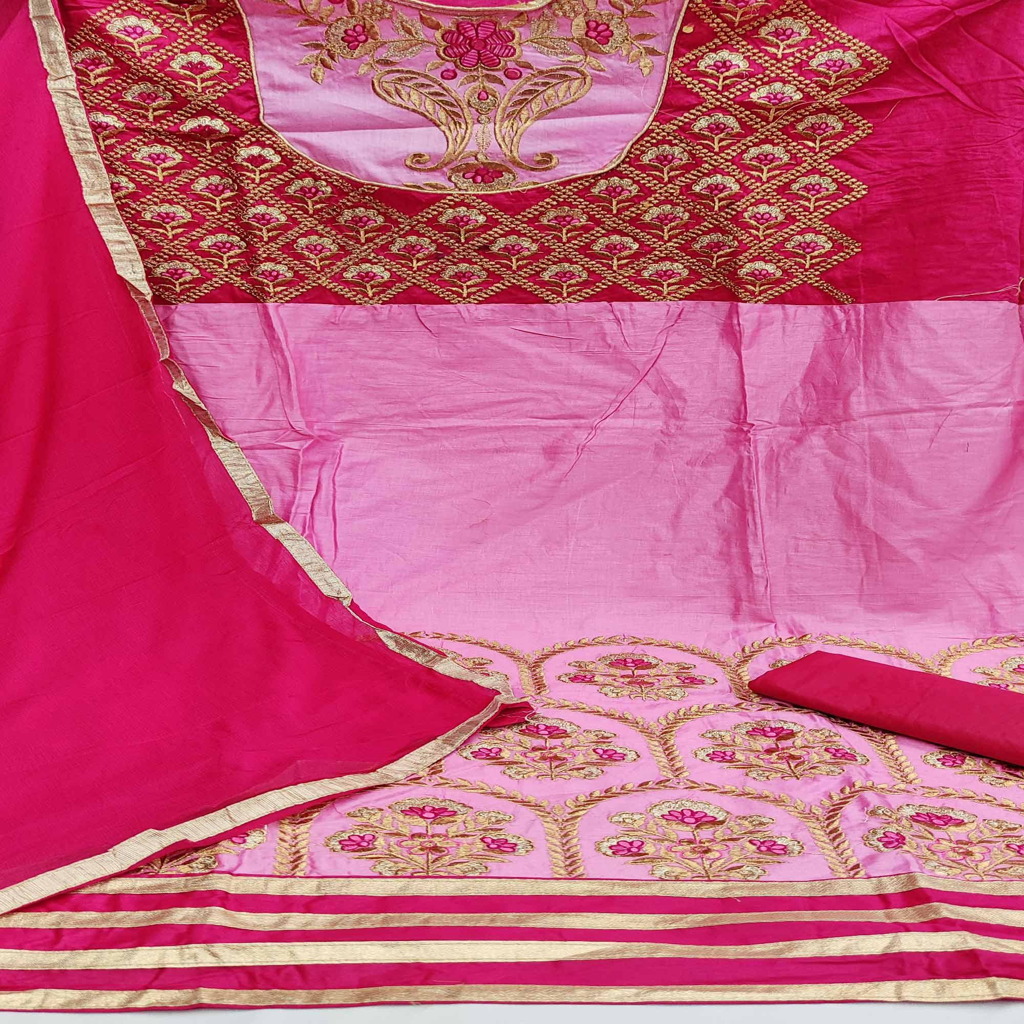Light Pink Casual Wear Floral Embroidered Work Cotton Dress Material - Peachmode