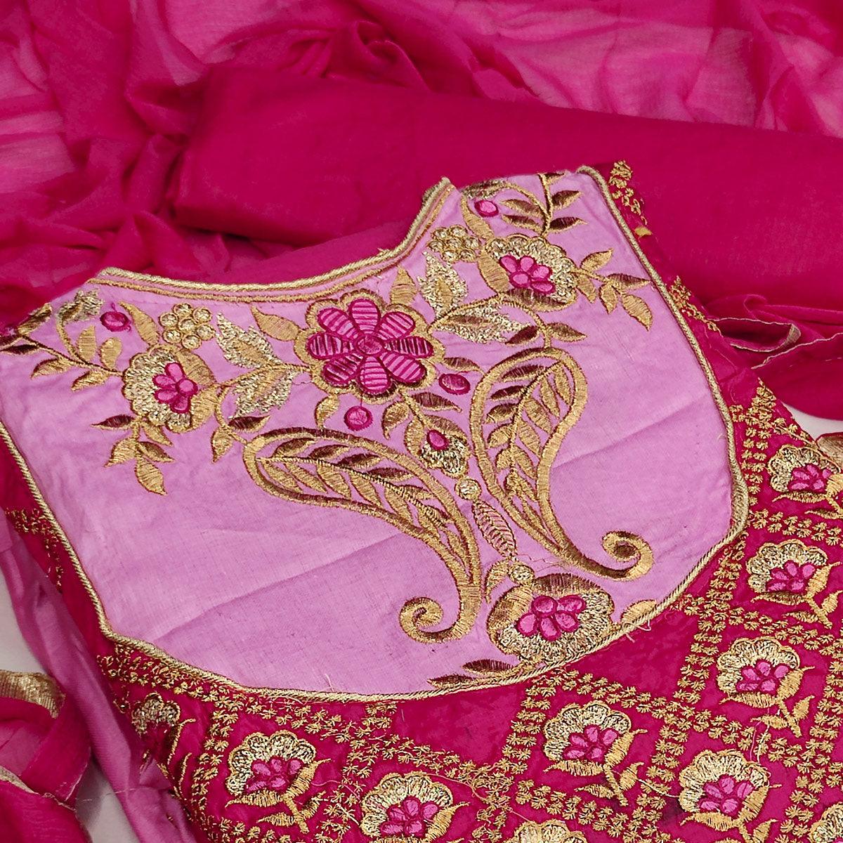 Light Pink Casual Wear Floral Embroidered Work Cotton Dress Material - Peachmode