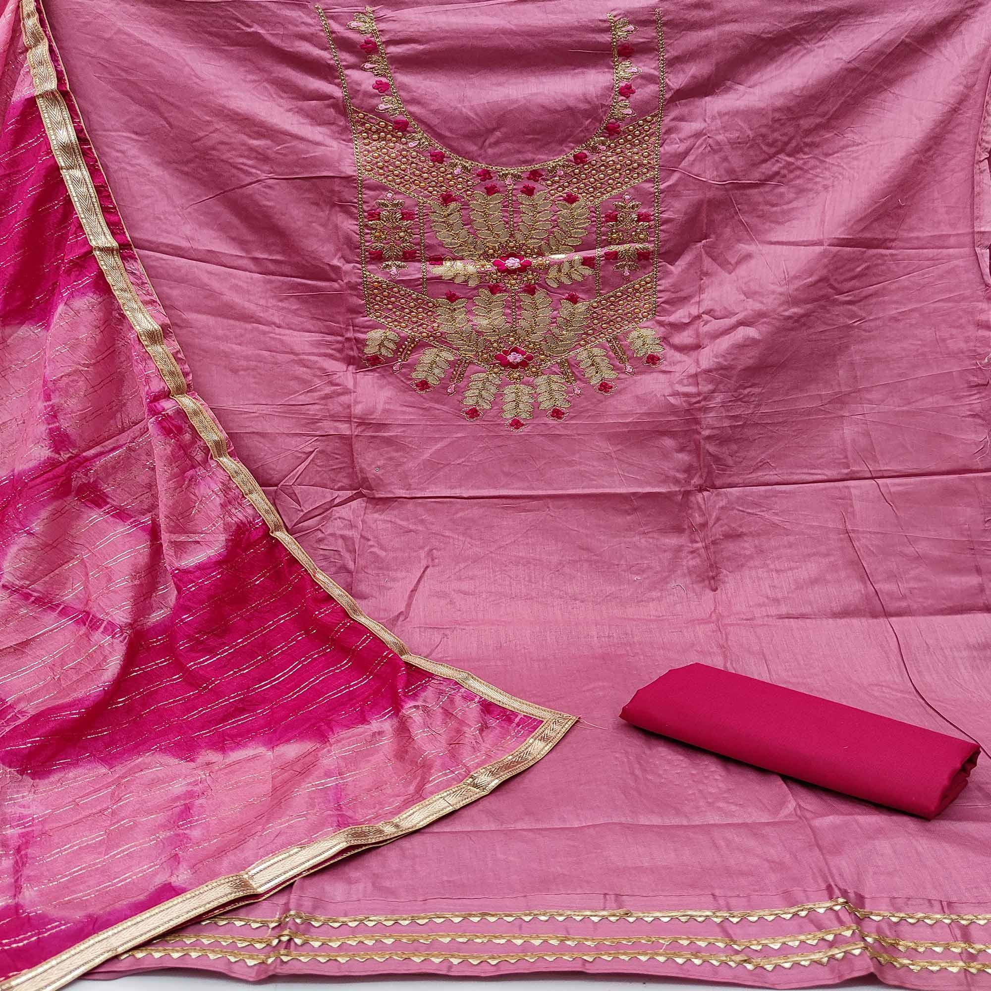 Light Pink Casual Wear Floral Embroidery With Hand Work Cotton Dress Material - Peachmode