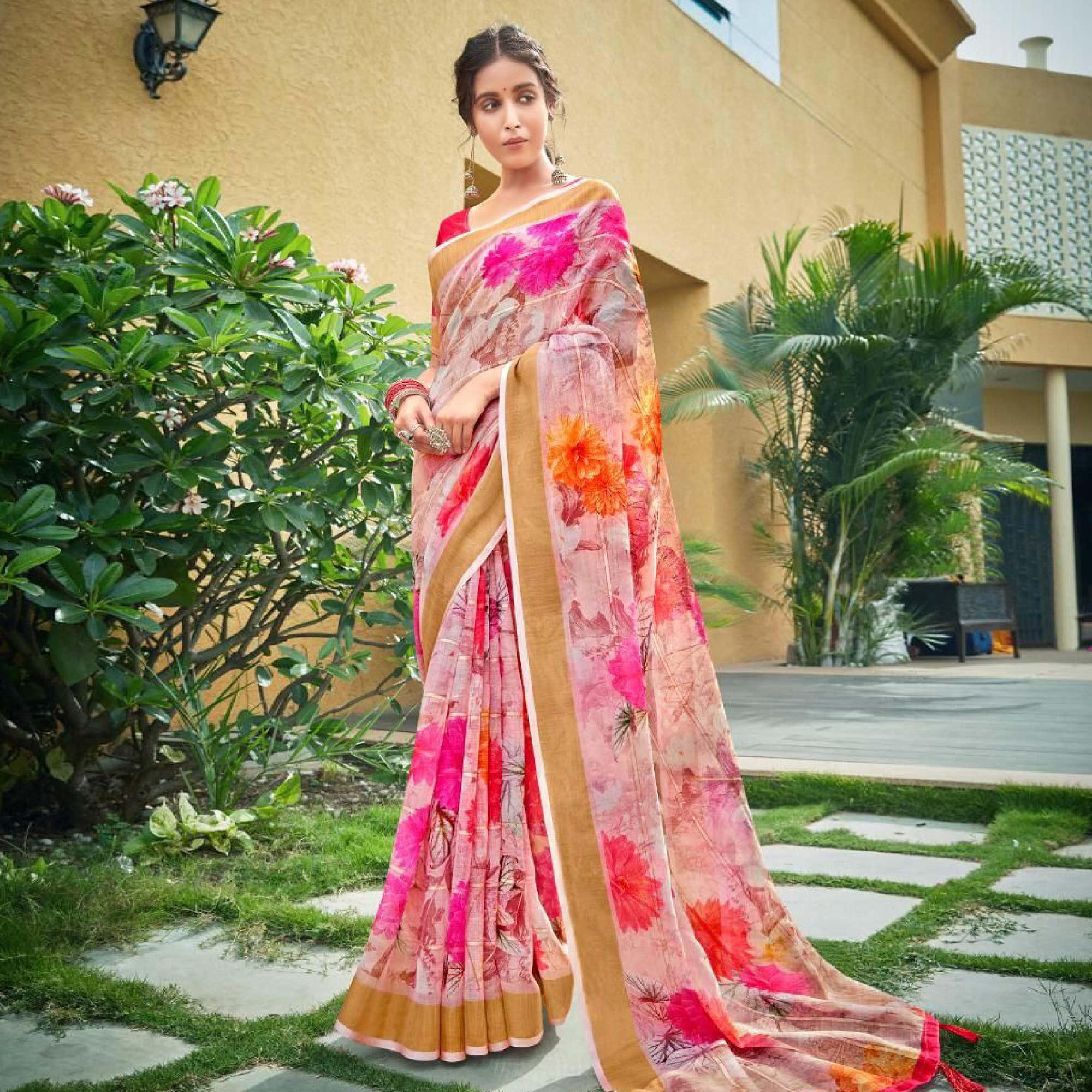 Light Pink Casual Wear Floral Printed Pure Linen Saree - Peachmode