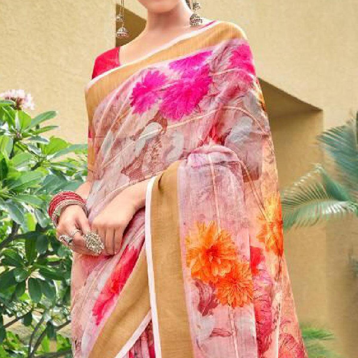 Light Pink Casual Wear Floral Printed Pure Linen Saree - Peachmode