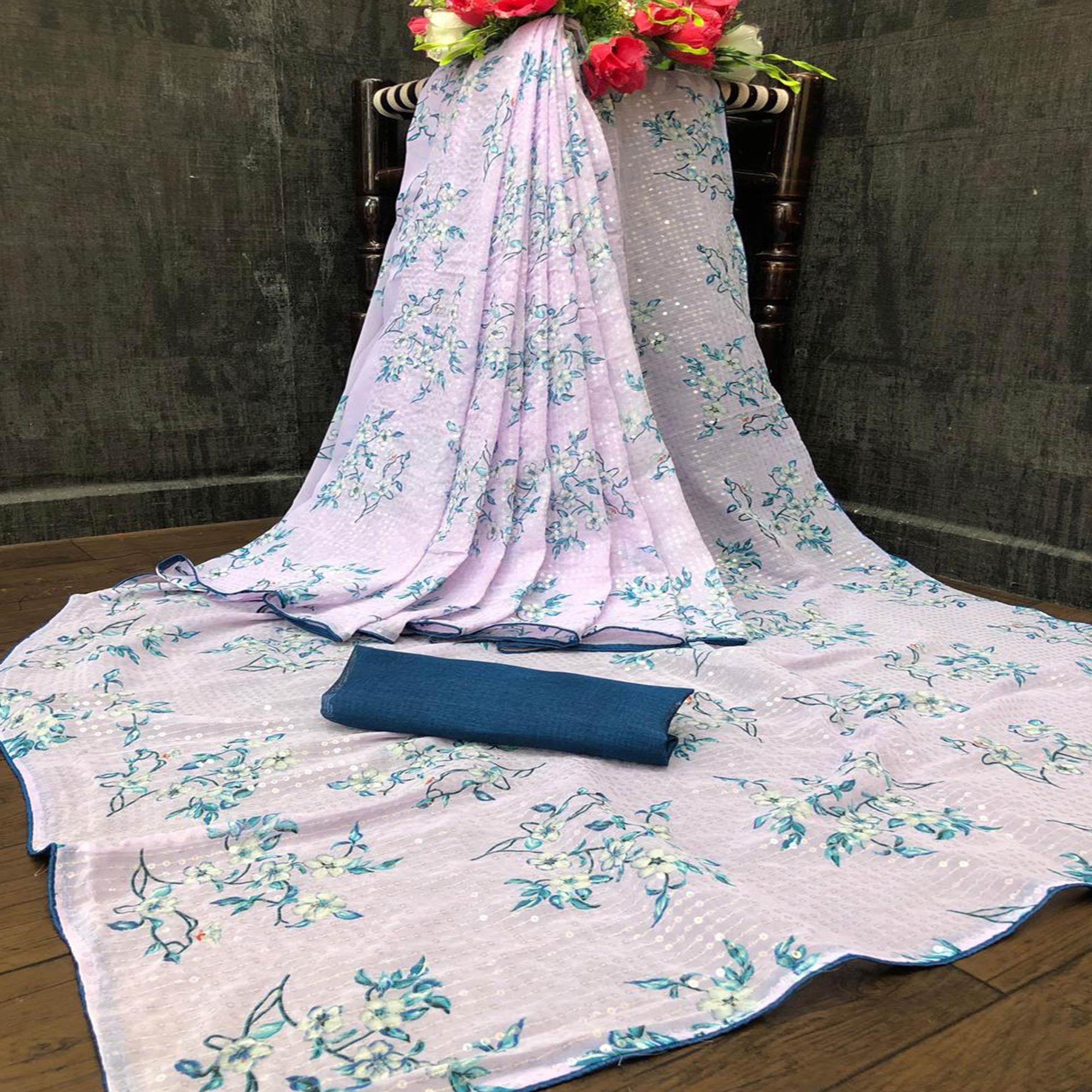 Light Pink Casual Wear Printed & Sequence Work Heavy Georgette Saree - Peachmode