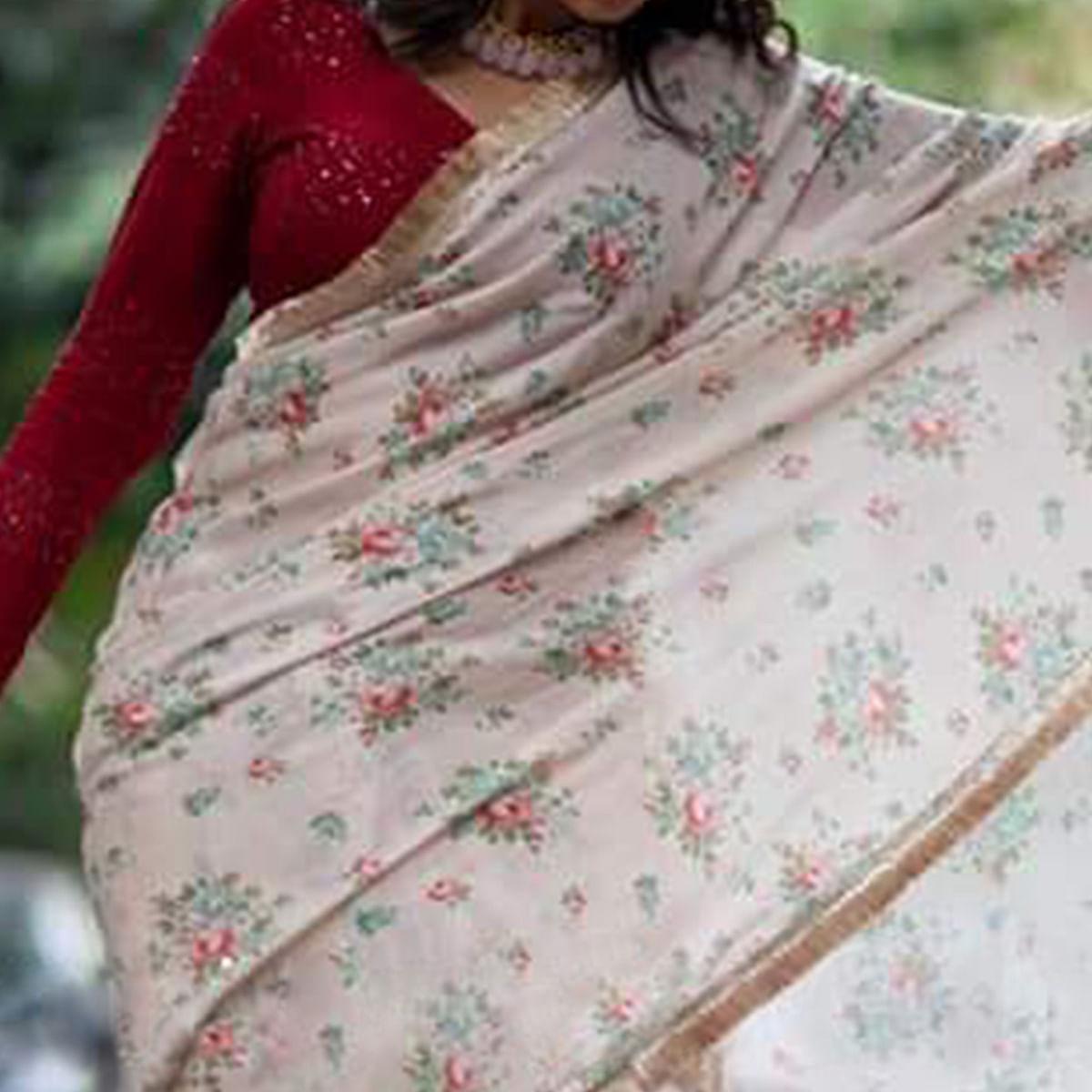 Light Pink Casual Wear Printed Georgette Saree - Peachmode
