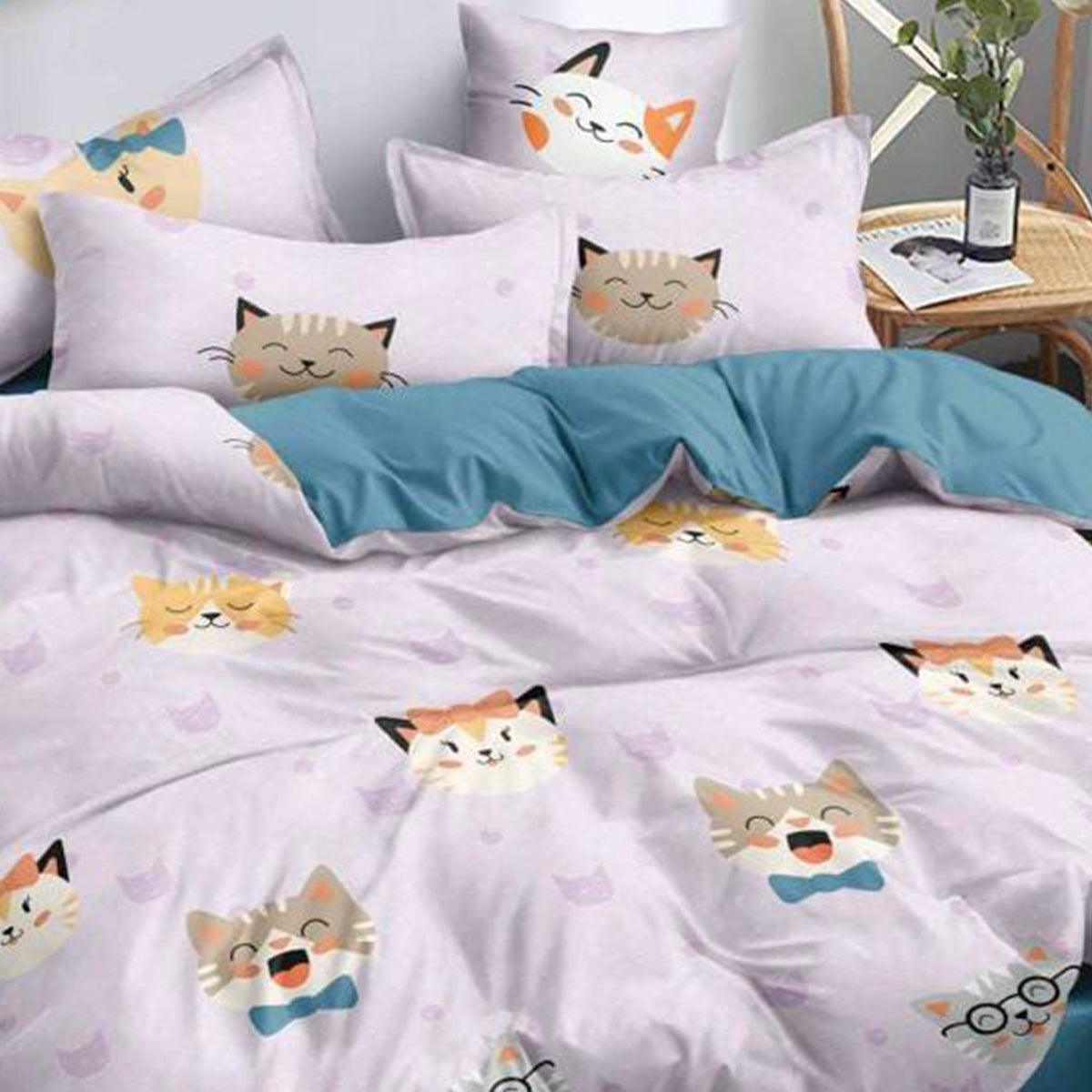 Light Pink Cat Printed Kids Bedsheet With Pillow Cover - Peachmode