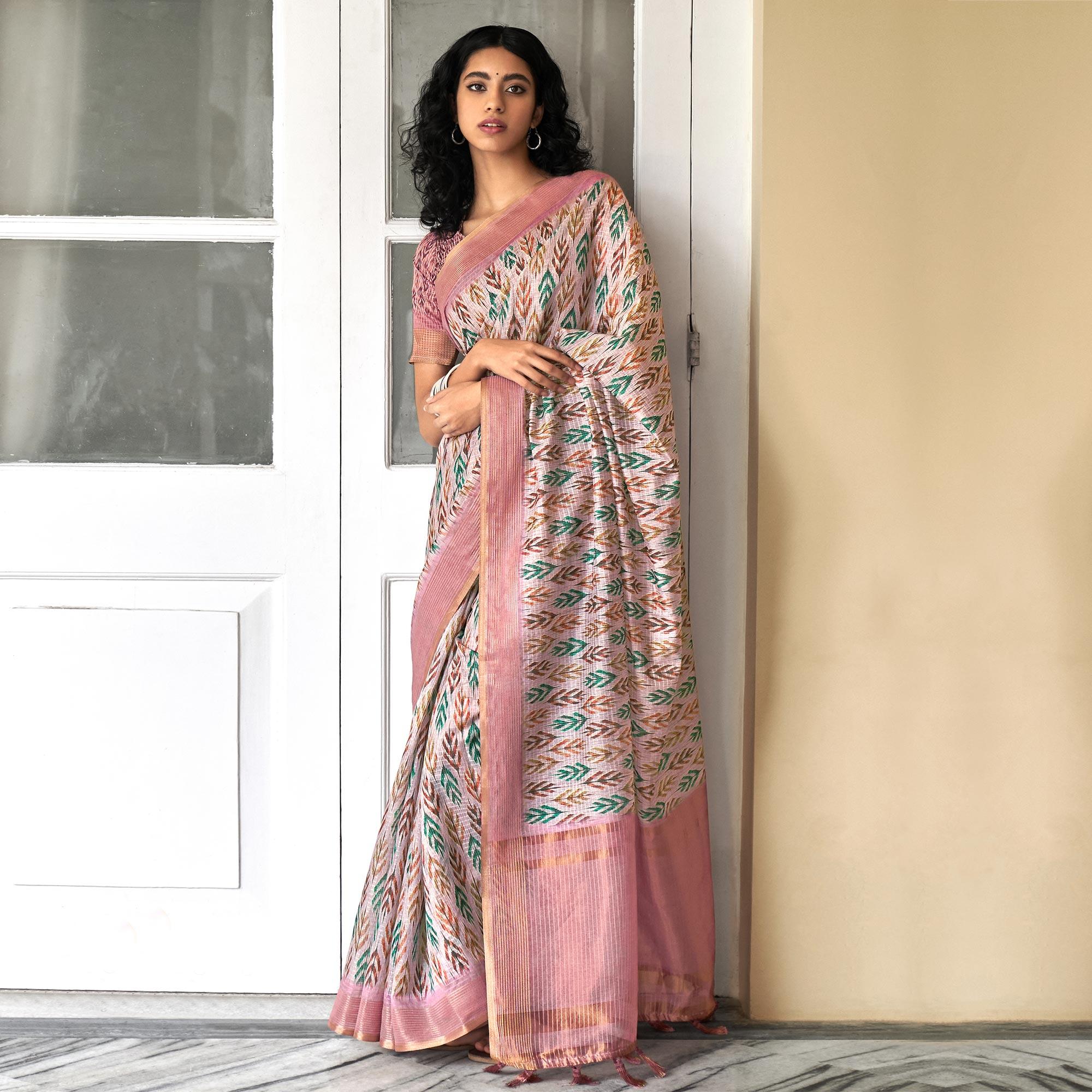 Light Pink Digital Printed Art Silk Saree - Peachmode