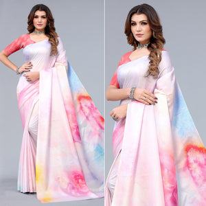 Light Pink Digital Printed Dola Silk Saree - Peachmode