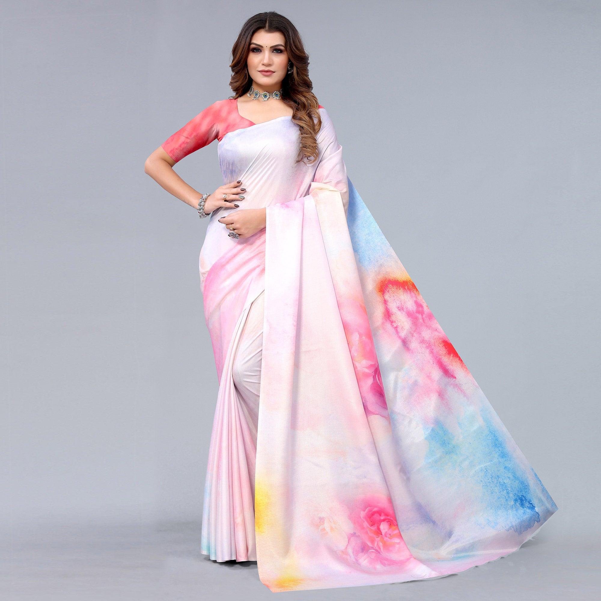 Light Pink Digital Printed Dola Silk Saree - Peachmode