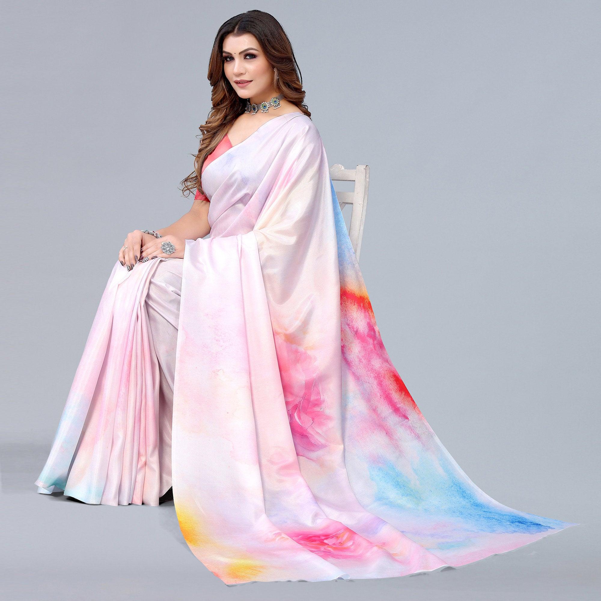 Light Pink Digital Printed Dola Silk Saree - Peachmode