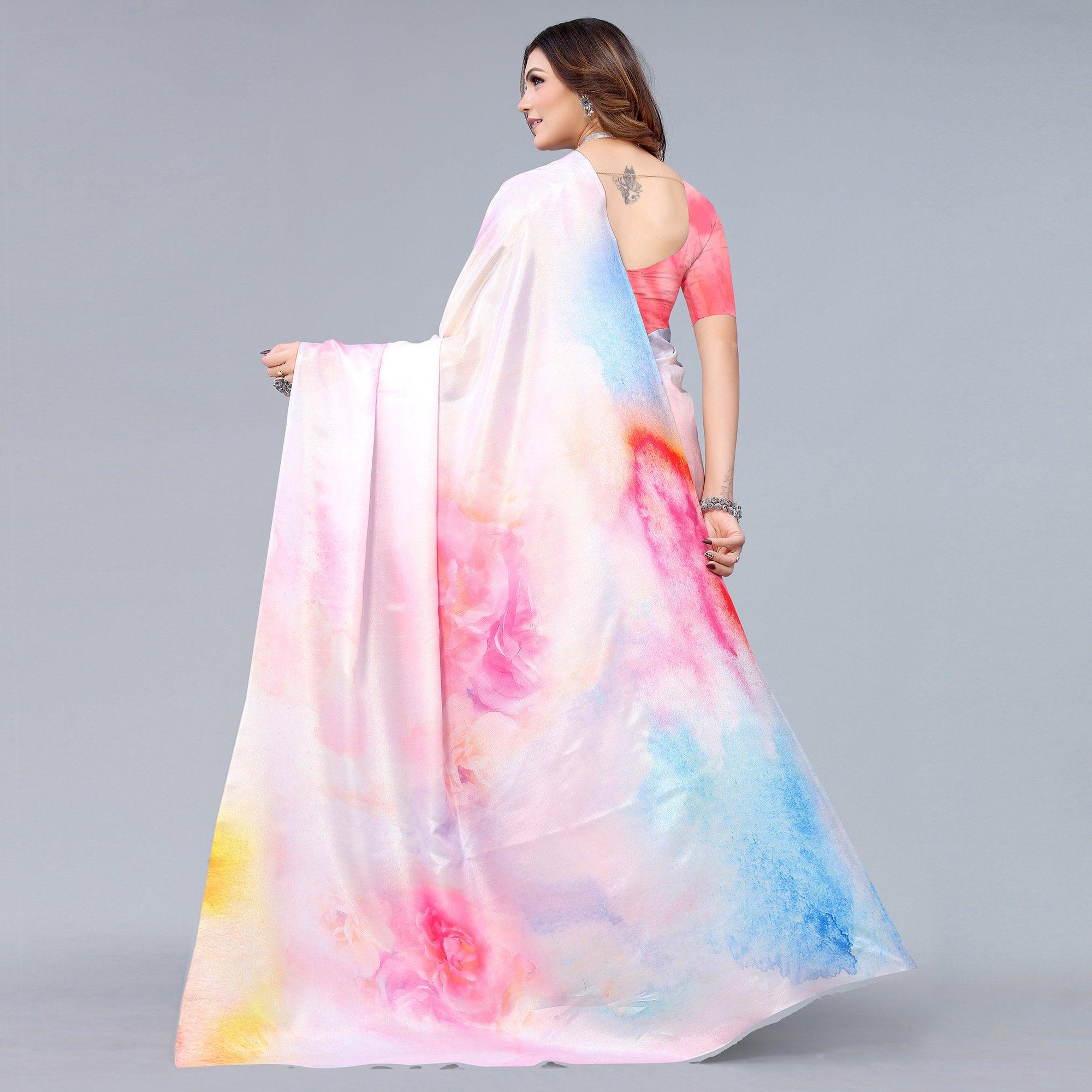 Light Pink Digital Printed Dola Silk Saree - Peachmode