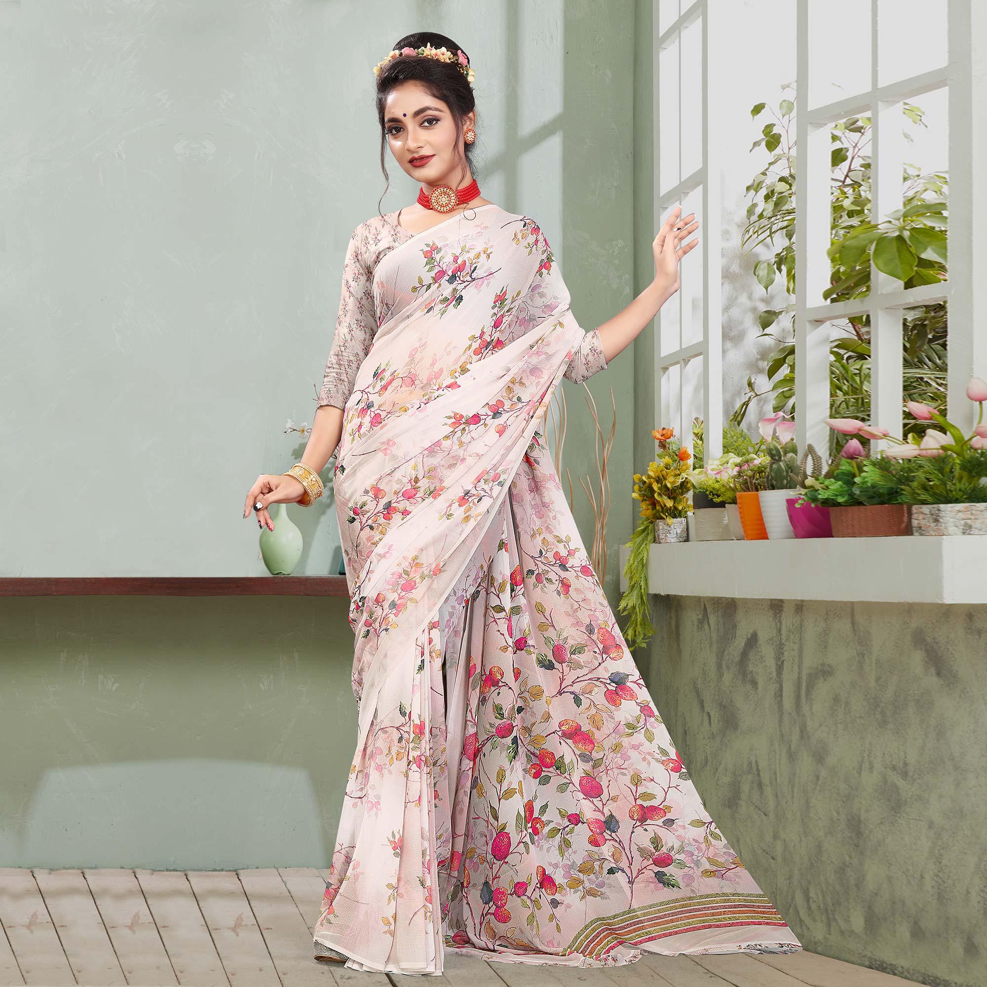 Light Pink Digital Printed Georgette Saree - Peachmode