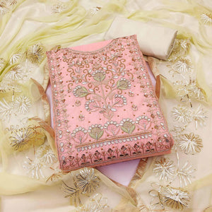 Light Pink Embellished Chanderi Dress Material - Peachmode