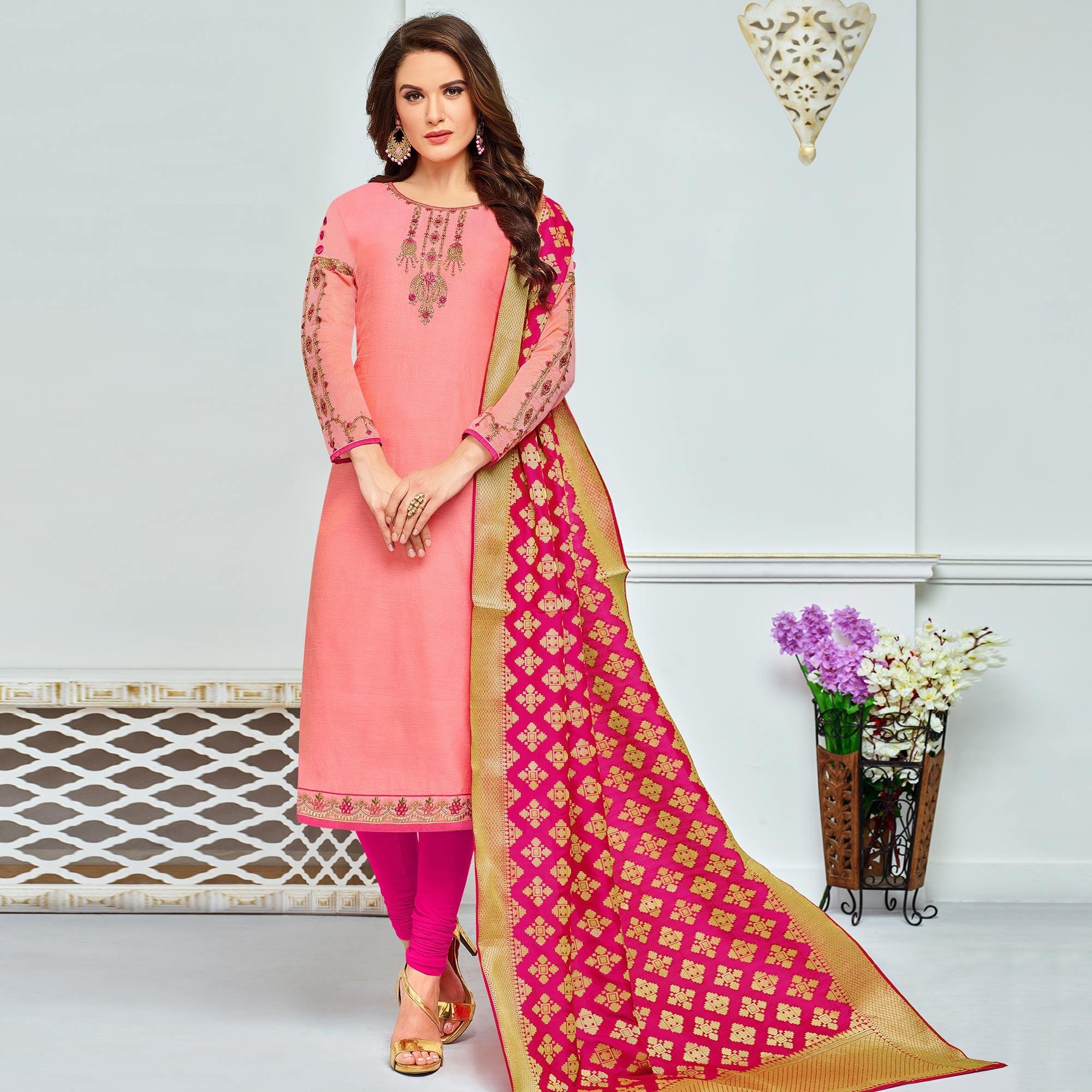 Light Pink Embellished With Embroidered Chanderi Dress Material - Peachmode