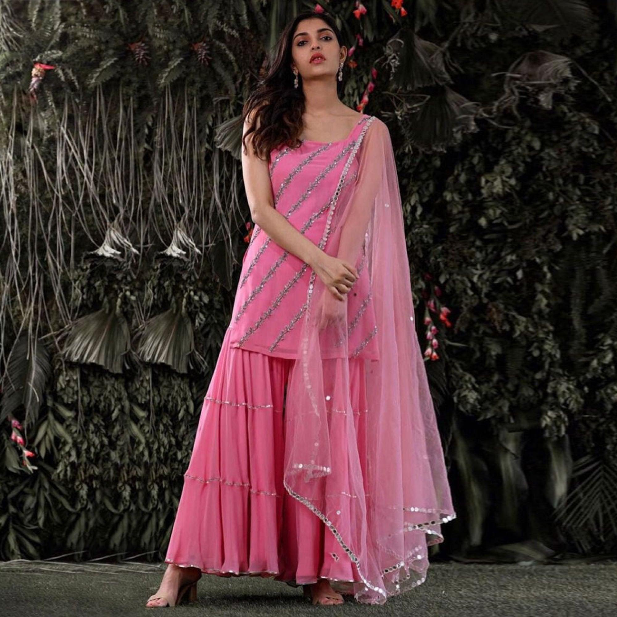 Light Pink Embroidered Georgette Sharara Suit - Peachmode