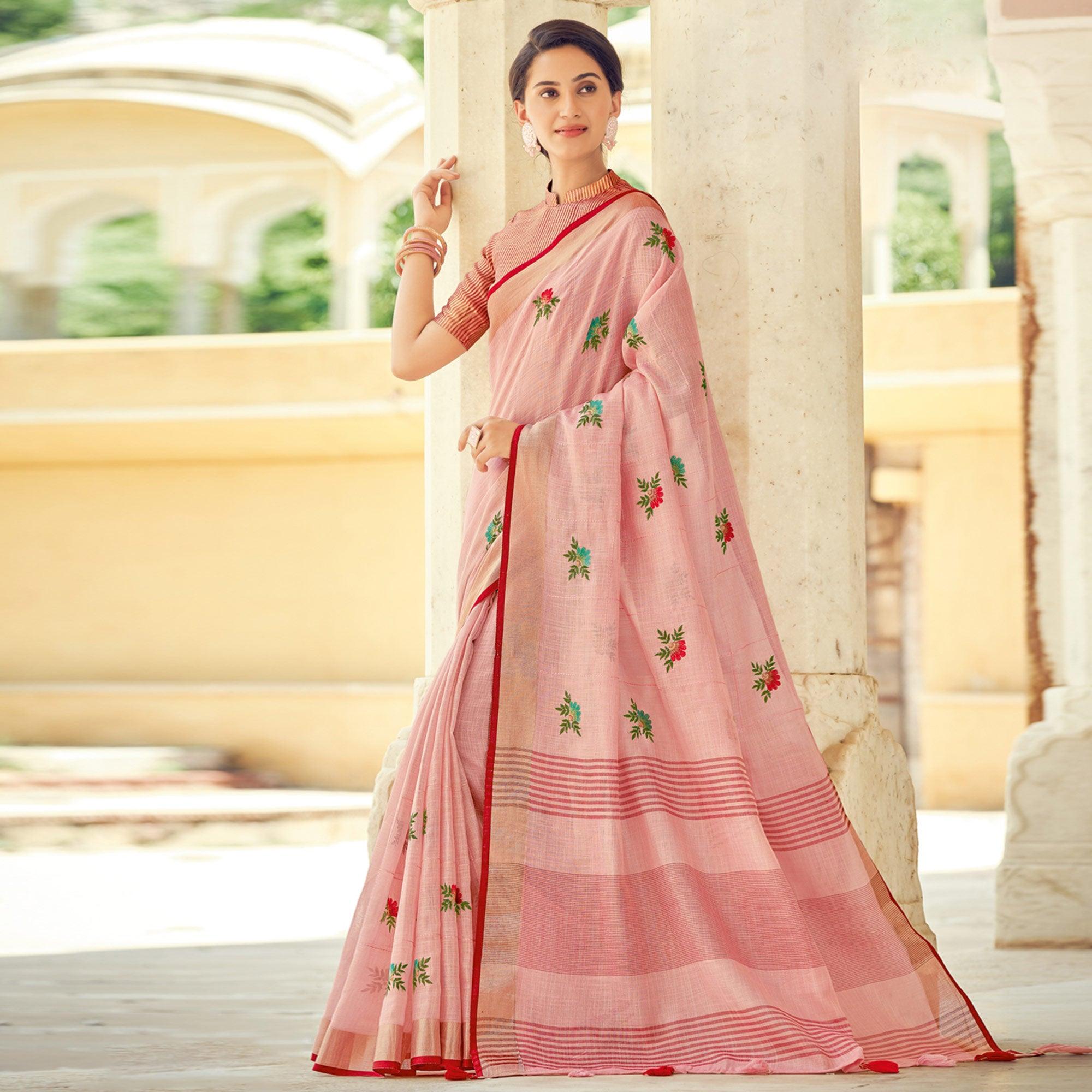 Light Pink Embroidered Linen Saree With Tassels - Peachmode