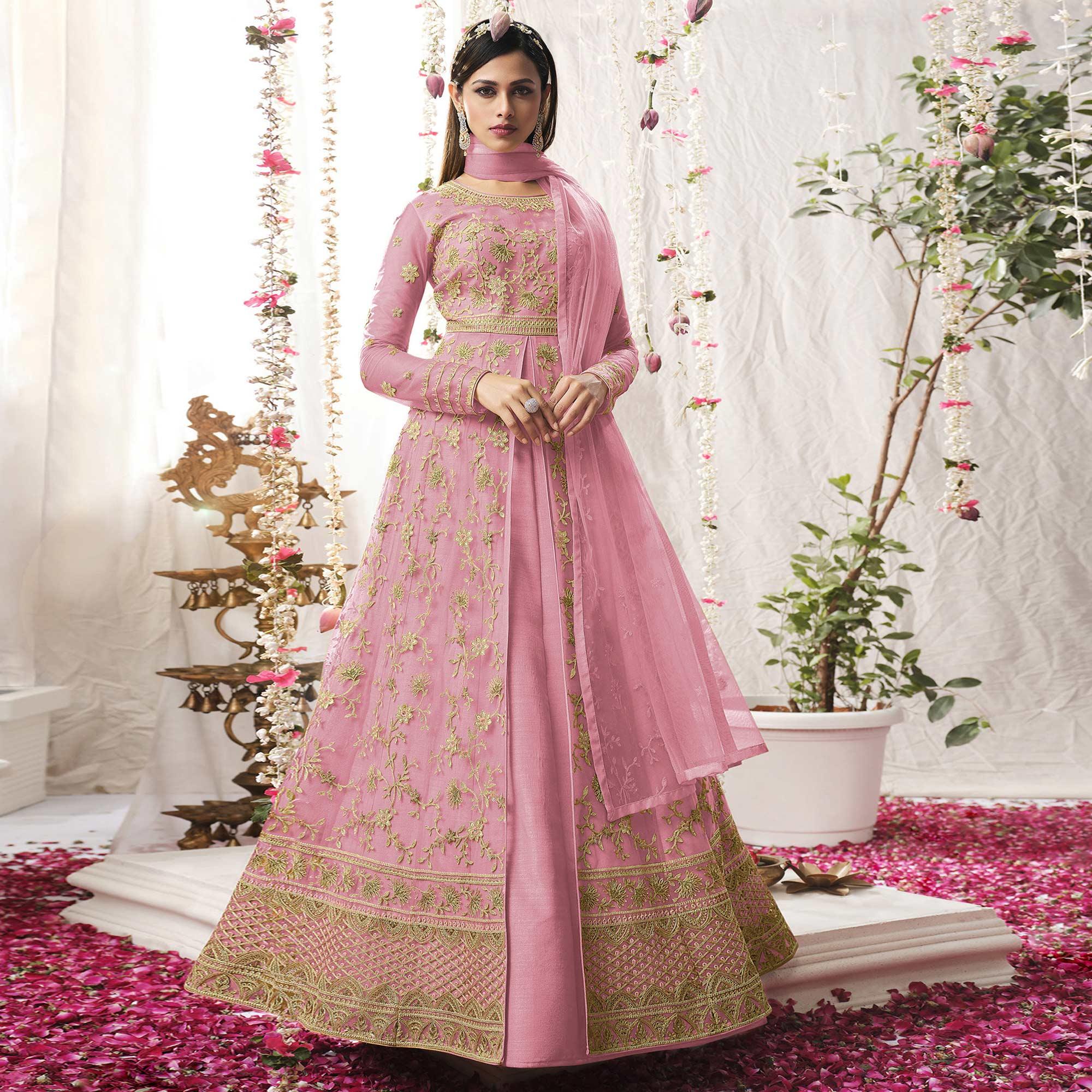 Light Pink Embroidered Netted Anarkali Suit - Peachmode