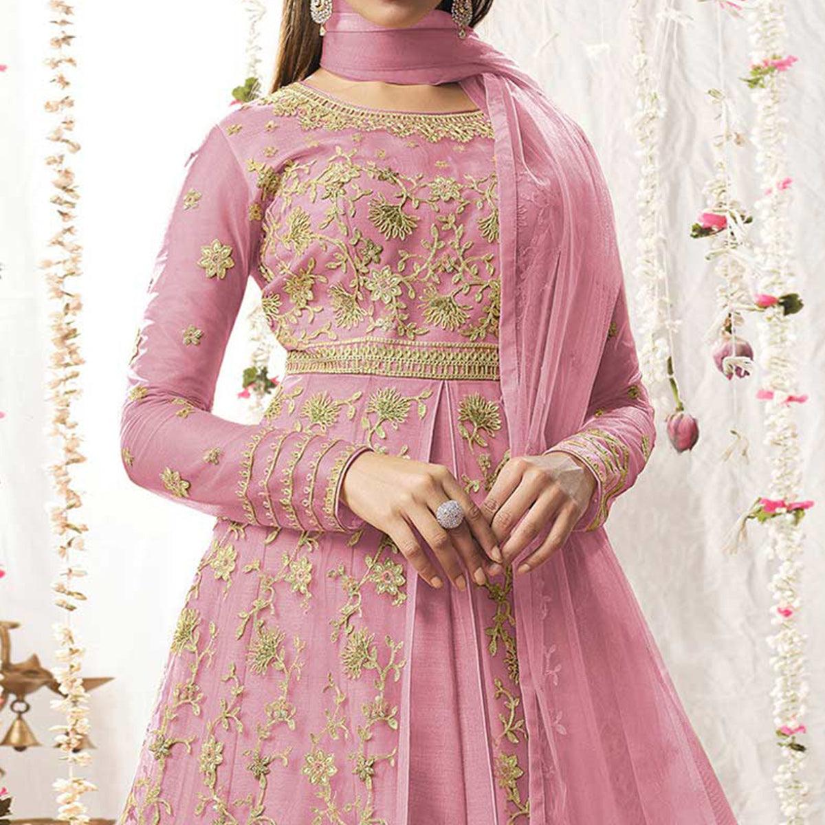 Light Pink Embroidered Netted Anarkali Suit - Peachmode