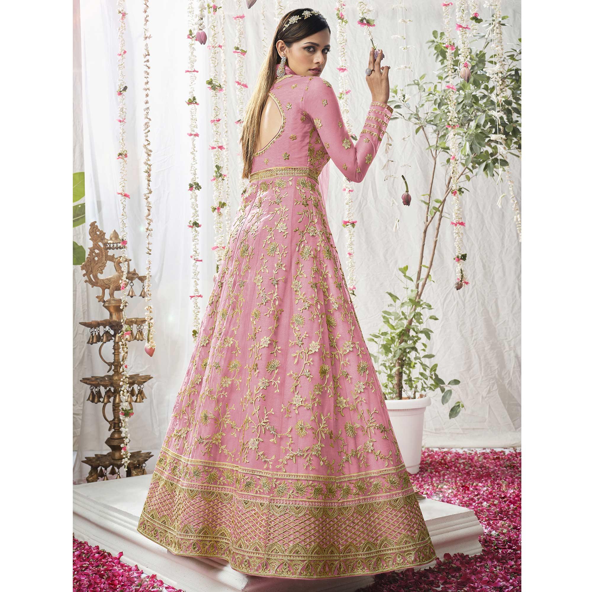 Light Pink Embroidered Netted Anarkali Suit - Peachmode