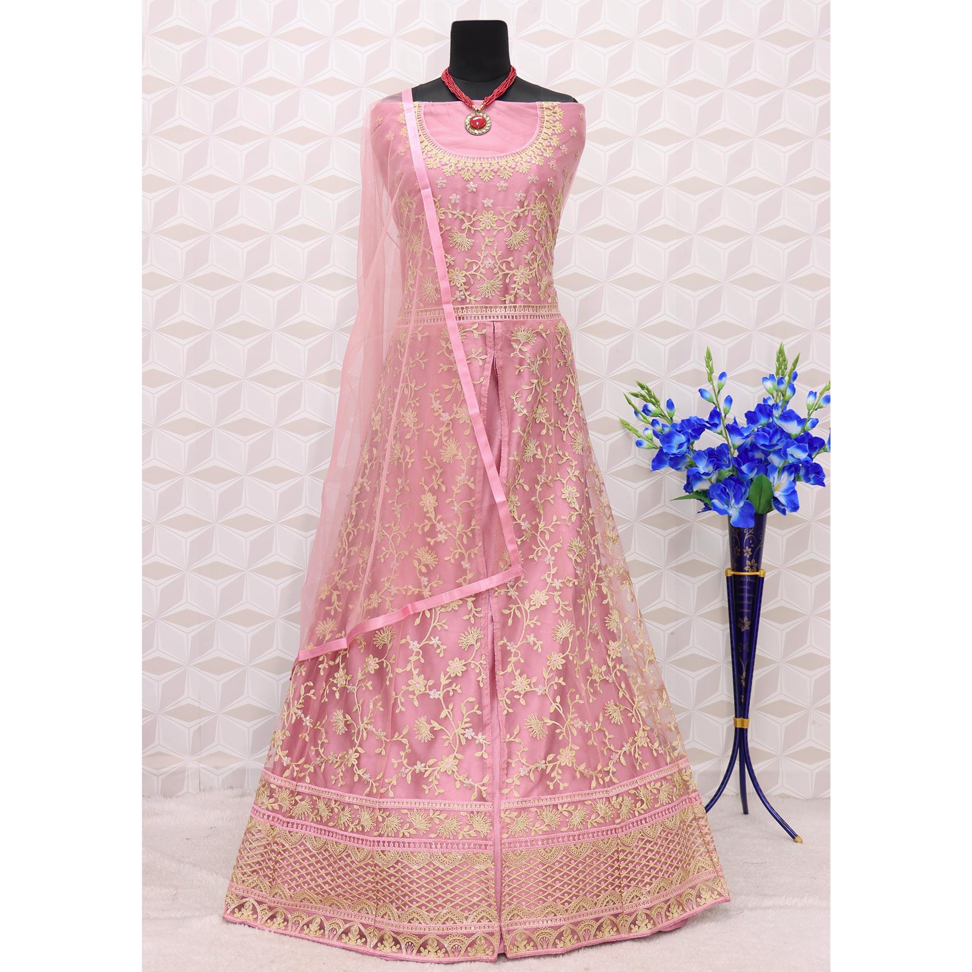 Light Pink Embroidered Netted Anarkali Suit - Peachmode