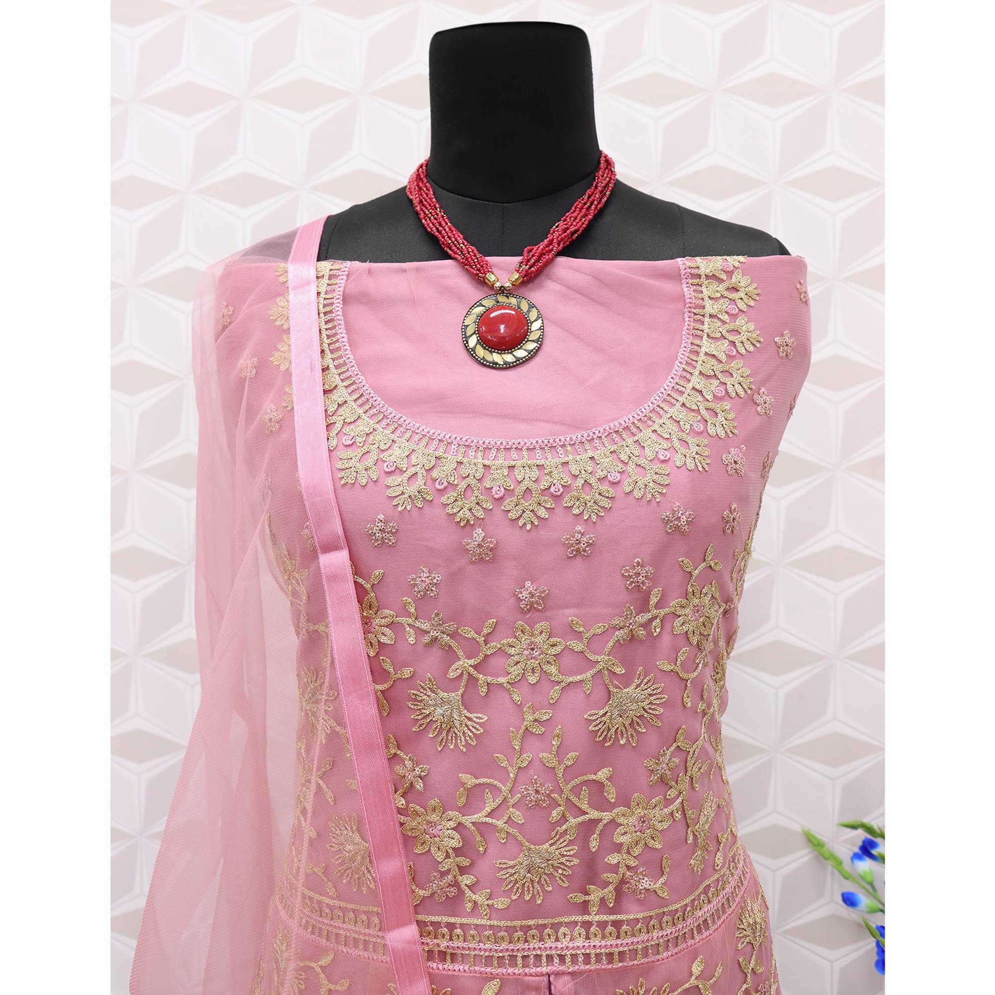 Light Pink Embroidered Netted Anarkali Suit - Peachmode