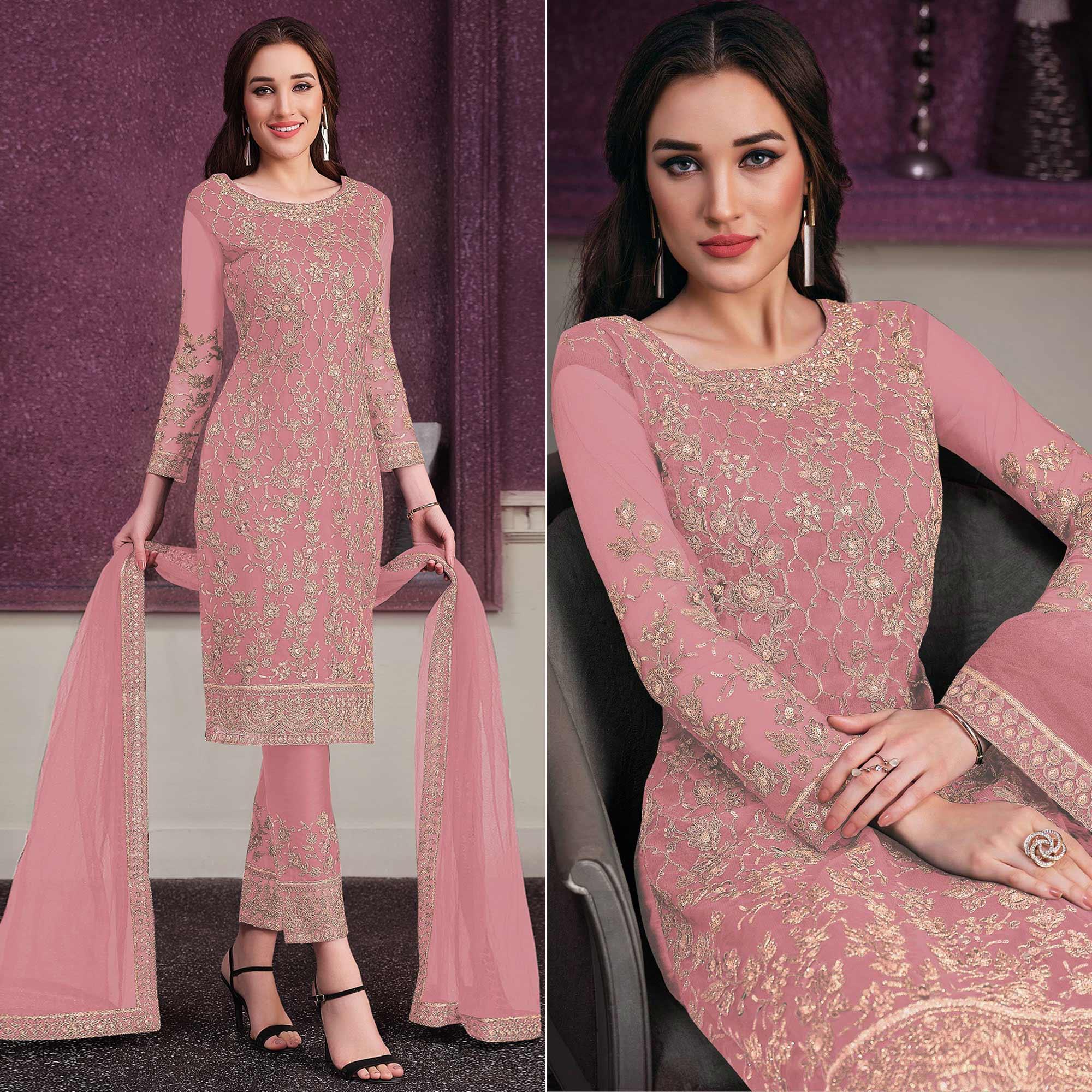 Light Pink Embroidered Netted Suit - Peachmode