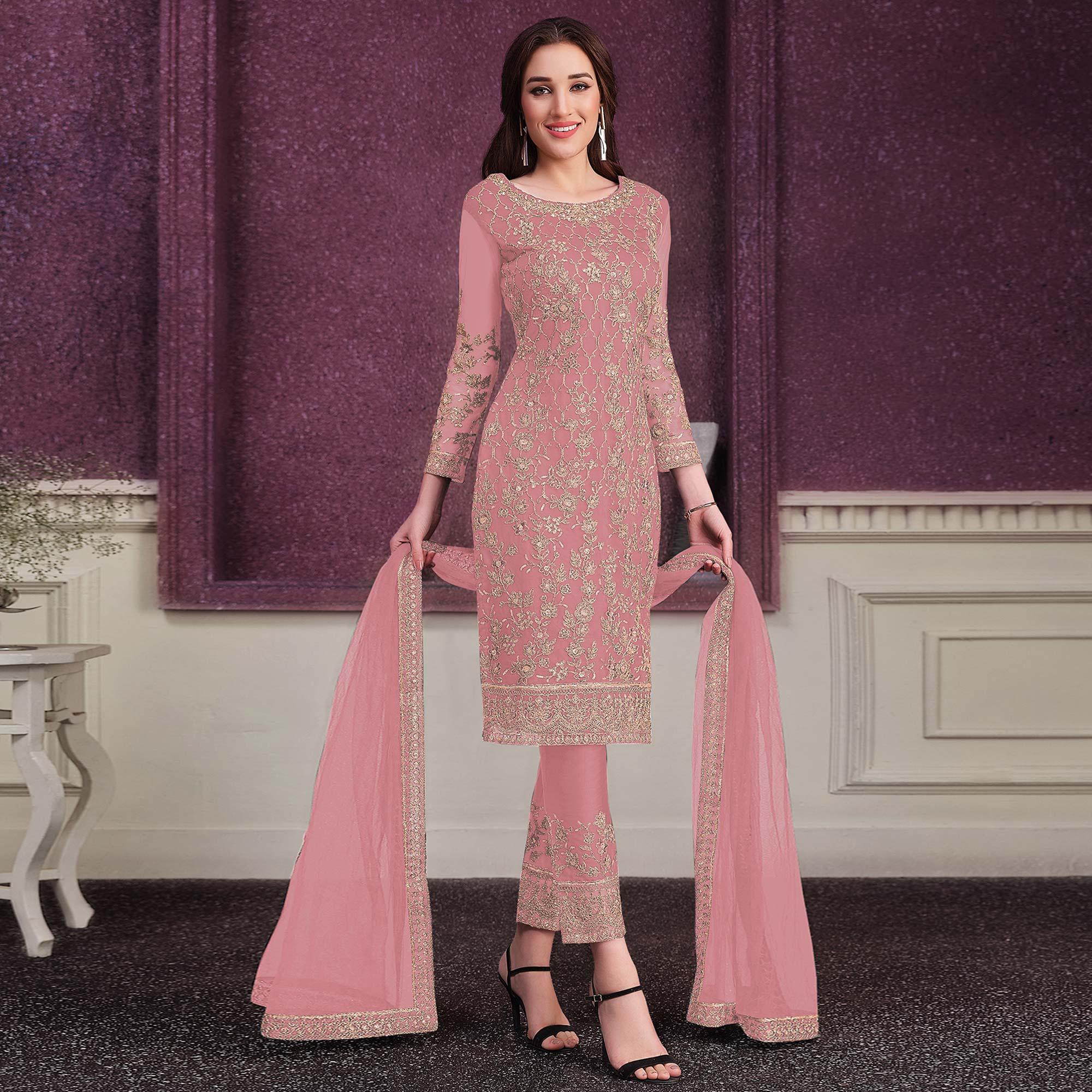 Light Pink Embroidered Netted Suit - Peachmode