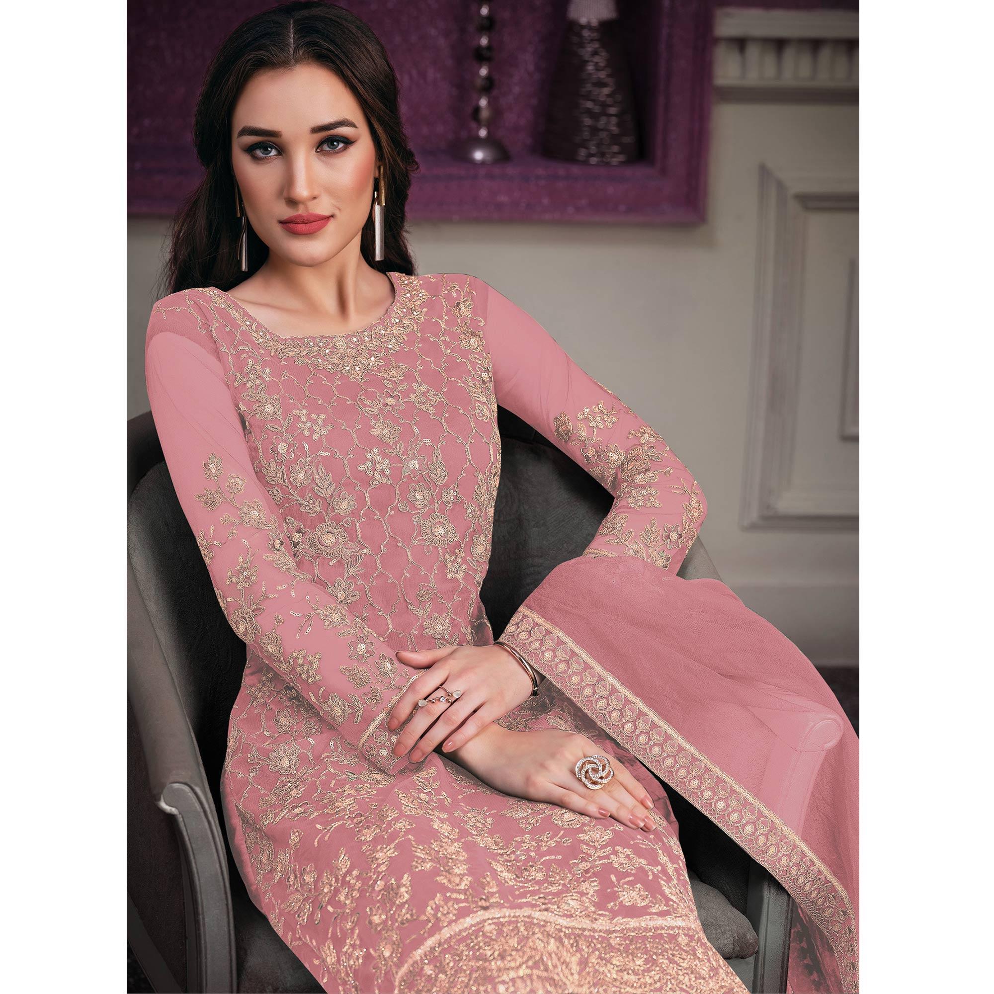 Light Pink Embroidered Netted Suit - Peachmode
