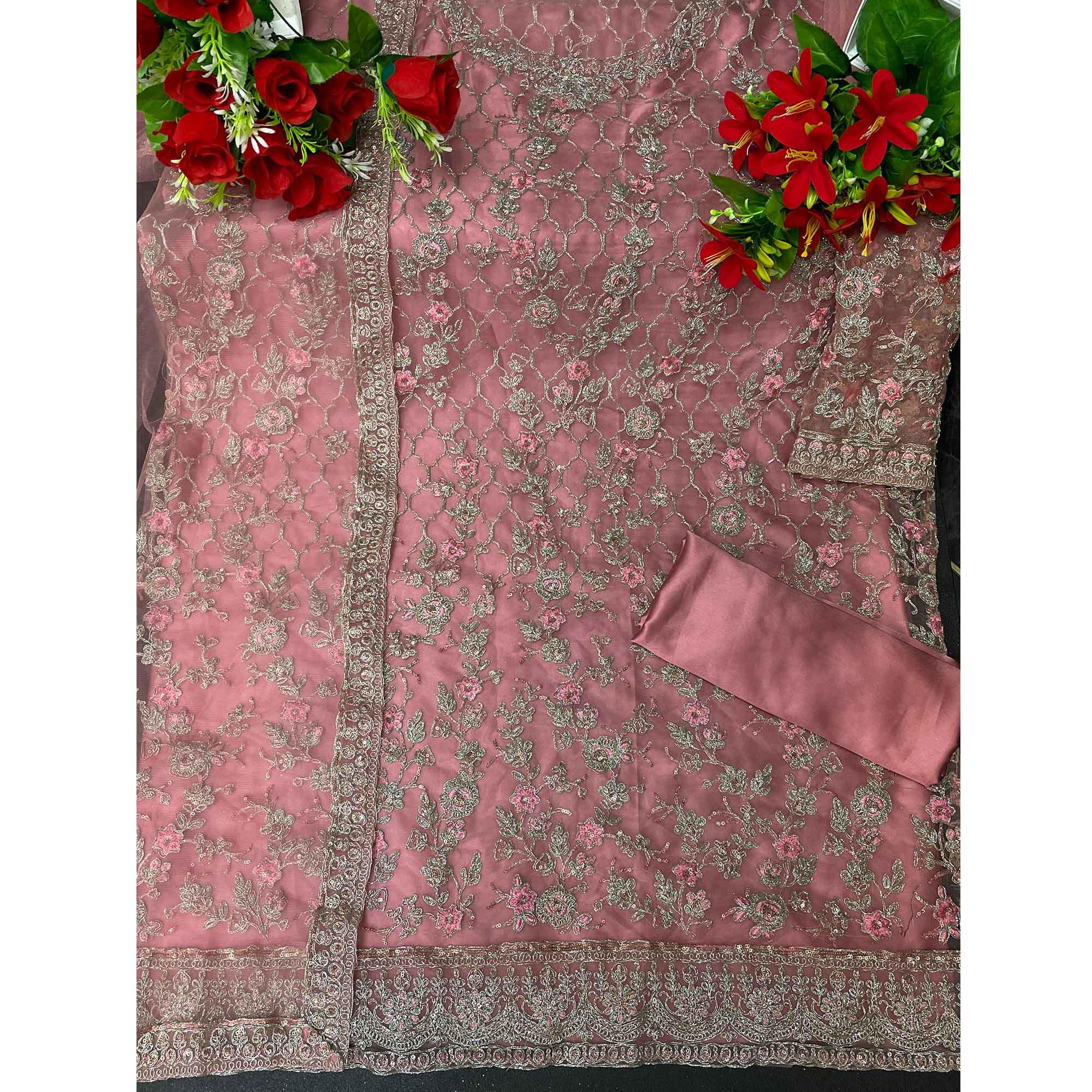 Light Pink Embroidered Netted Suit - Peachmode