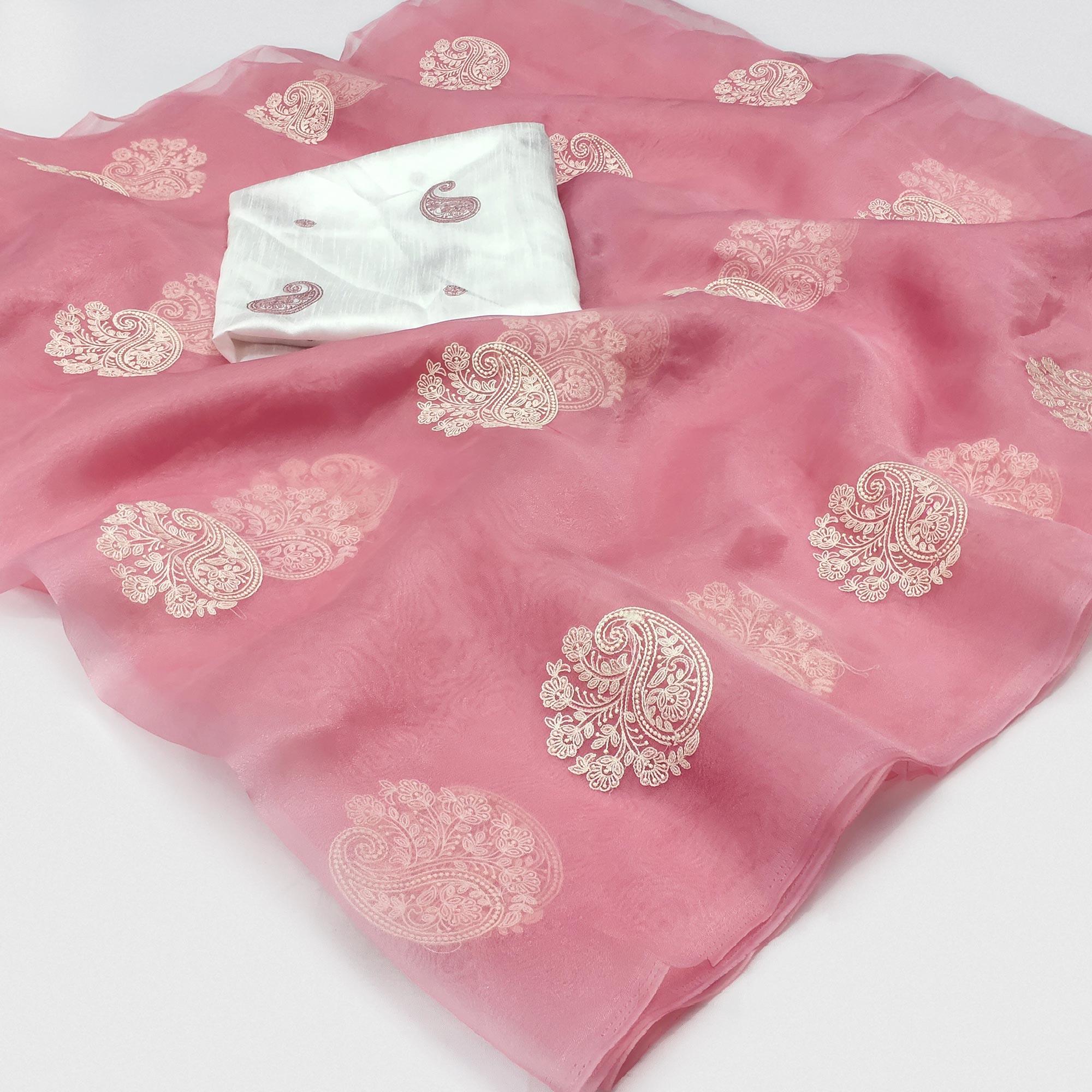 Light Pink Embroidered Organza Saree - Peachmode