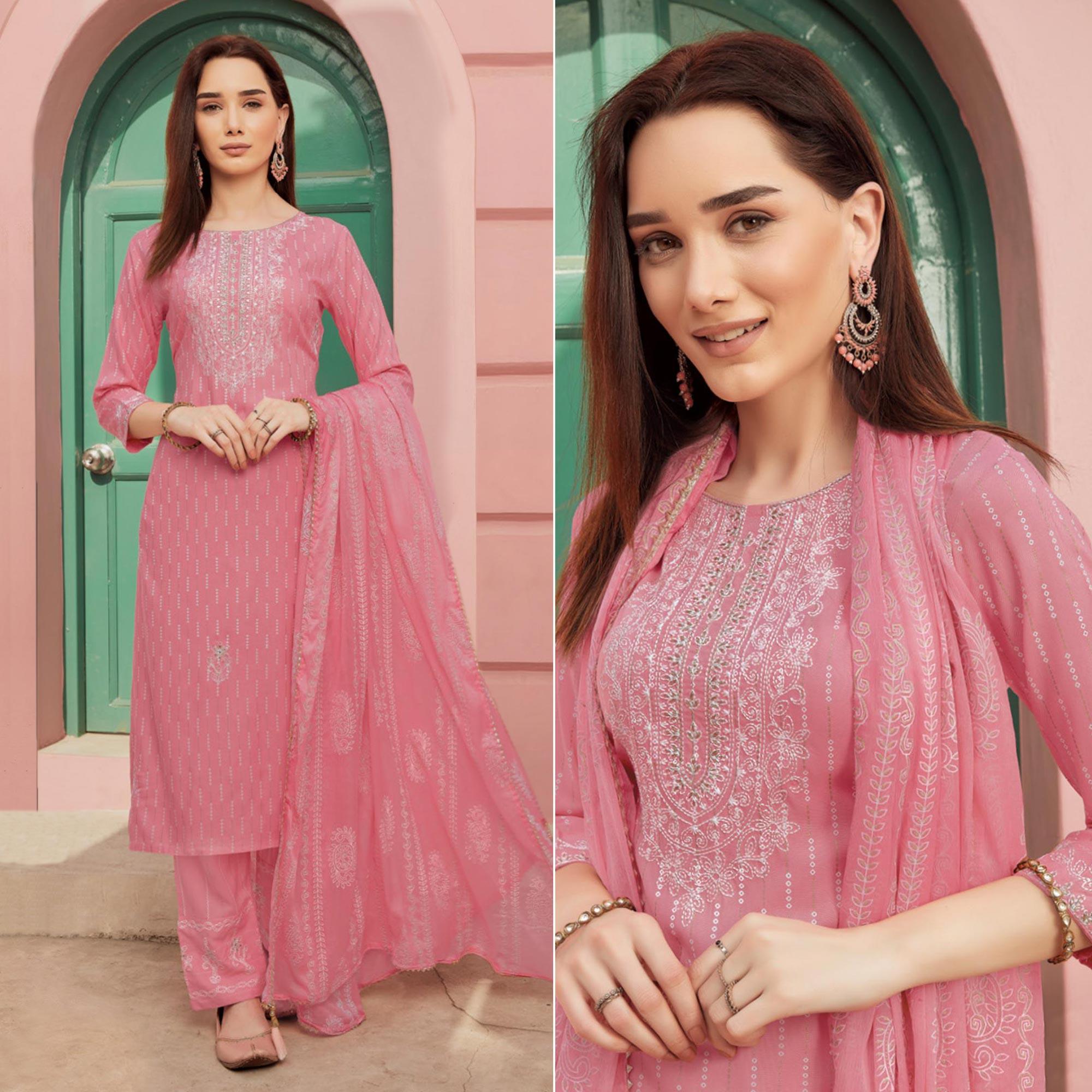 Light Pink Embroidery With Printed Pure Cotton Kurti Pant Set With Dupatta - Peachmode