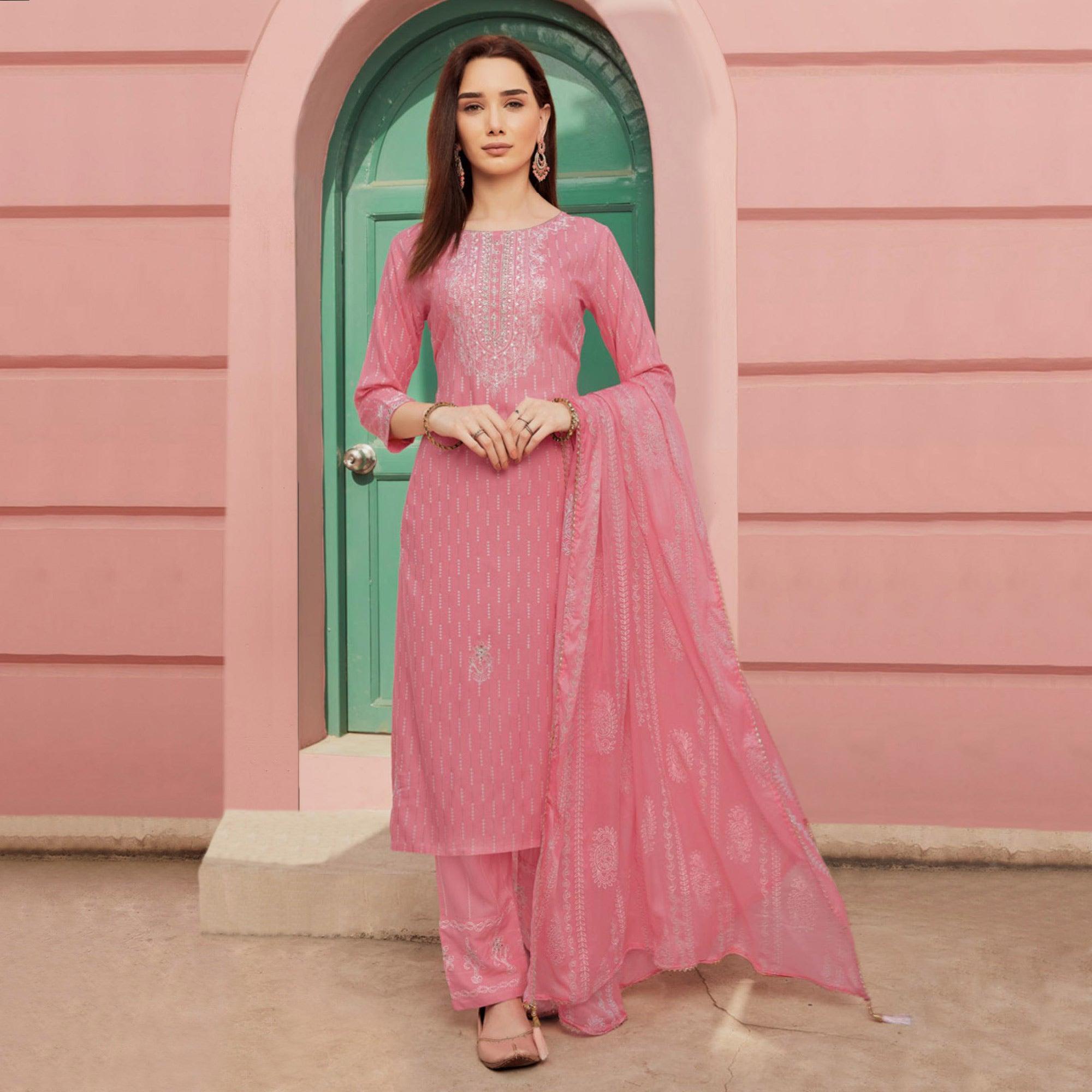 Light Pink Embroidery With Printed Pure Cotton Kurti Pant Set With Dupatta S