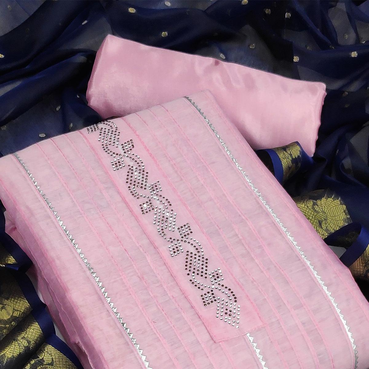 Light Pink Festive Wear Embellished With Gotta work Chanderi Dress Material - Peachmode