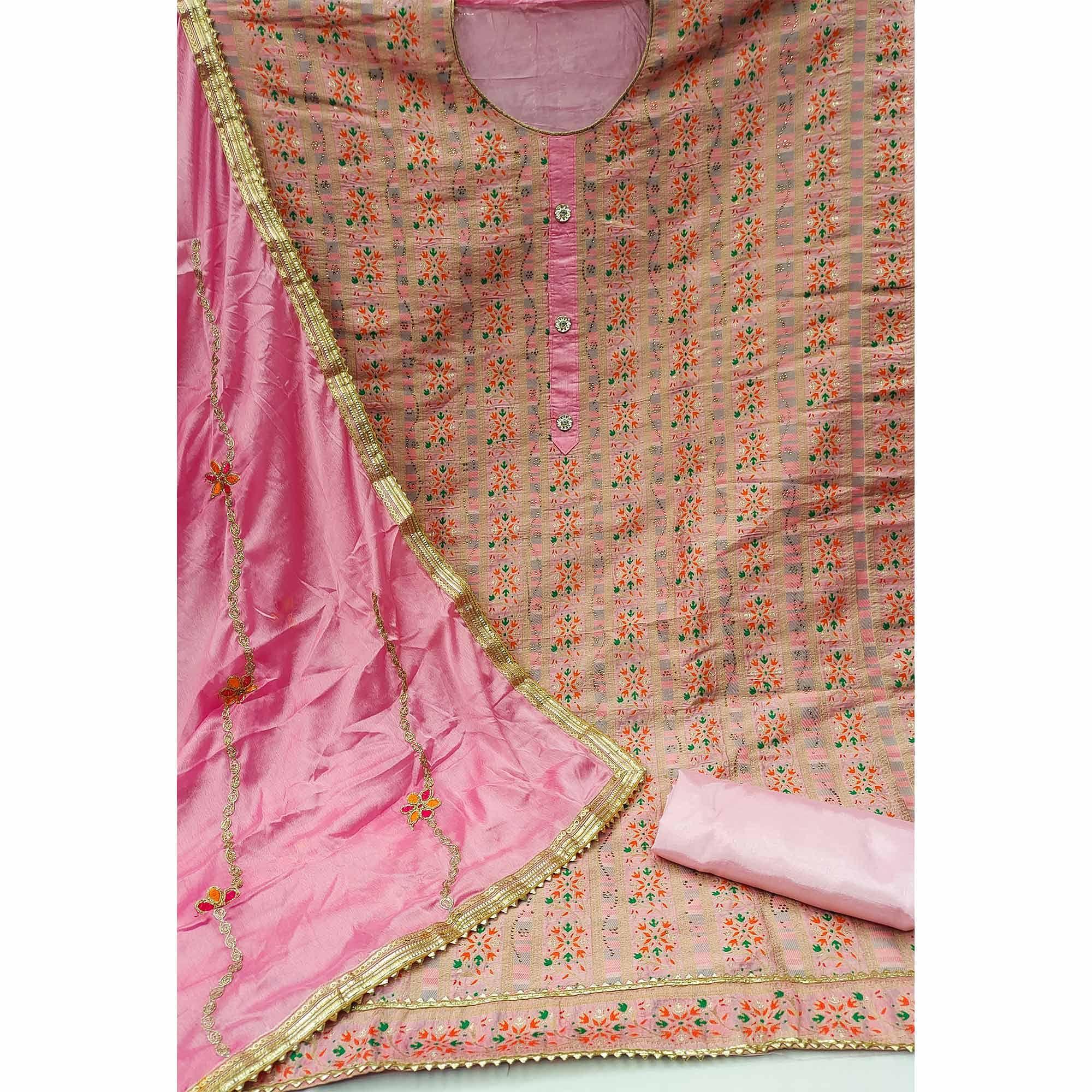 Light Pink Festive Wear Embroidered Banarasi Silk Jacquard Dress Material - Peachmode