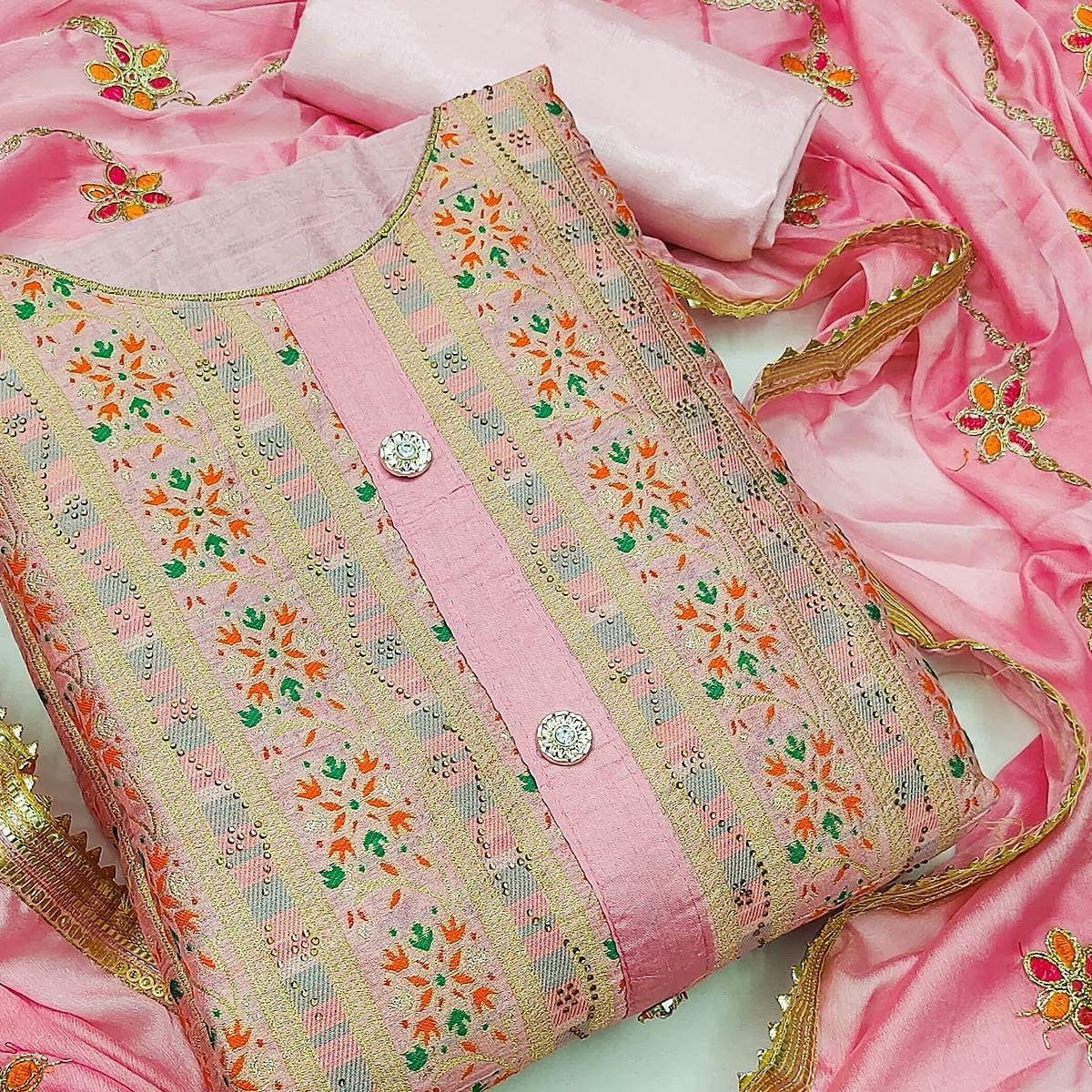 Light Pink Festive Wear Embroidered Banarasi Silk Jacquard Dress Material - Peachmode