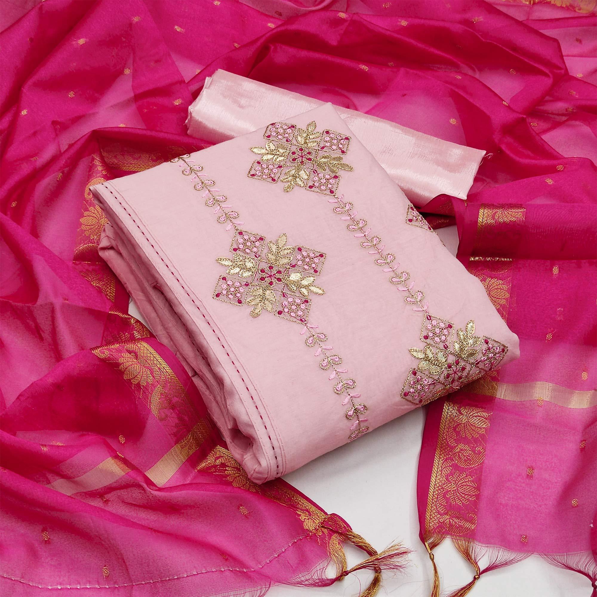 Light Pink Festive Wear Embroidered Chanderi Dress Material - Peachmode