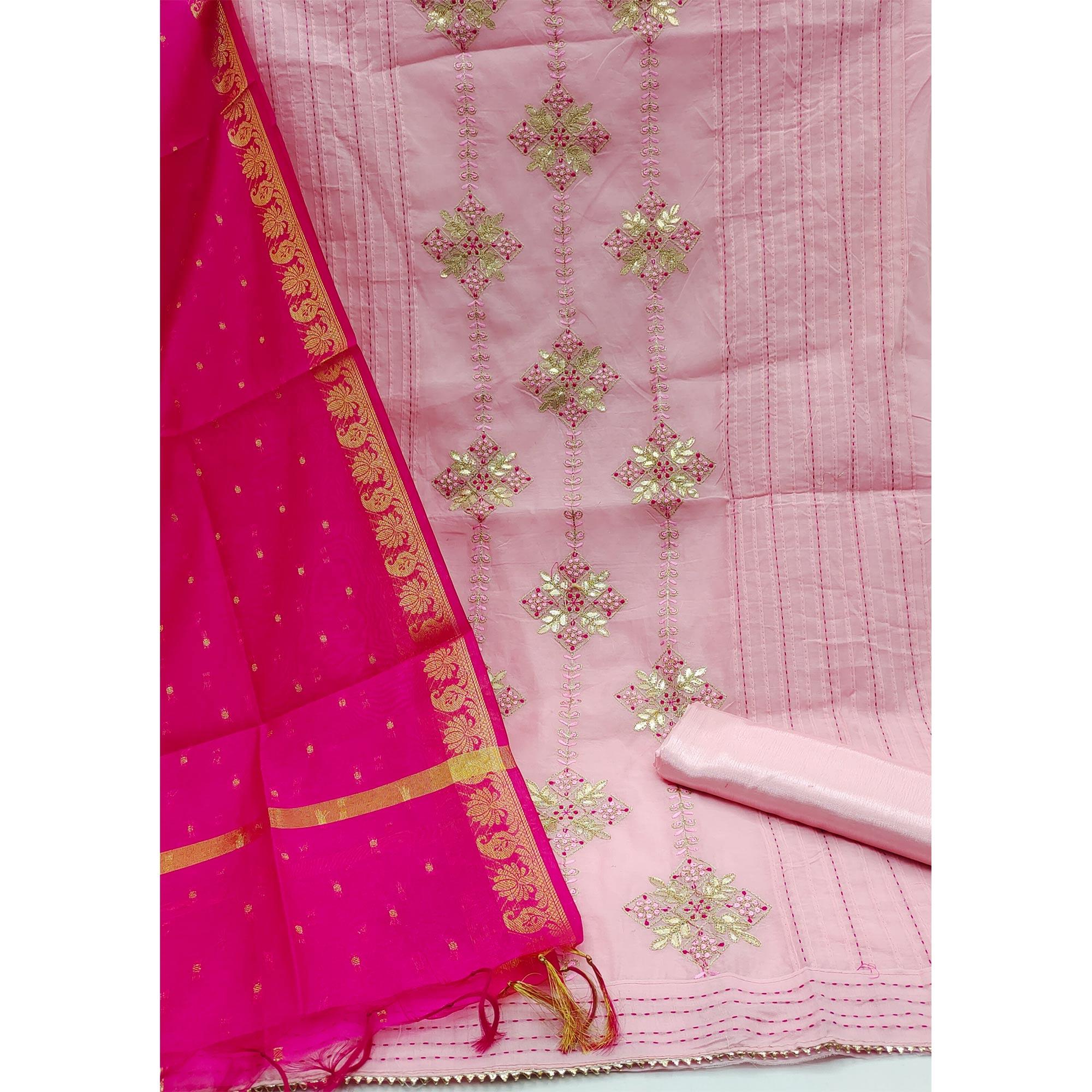 Light Pink Festive Wear Embroidered Chanderi Dress Material - Peachmode