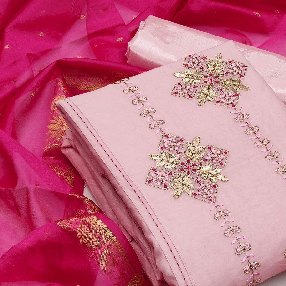 Light Pink Festive Wear Embroidered Chanderi Dress Material - Peachmode