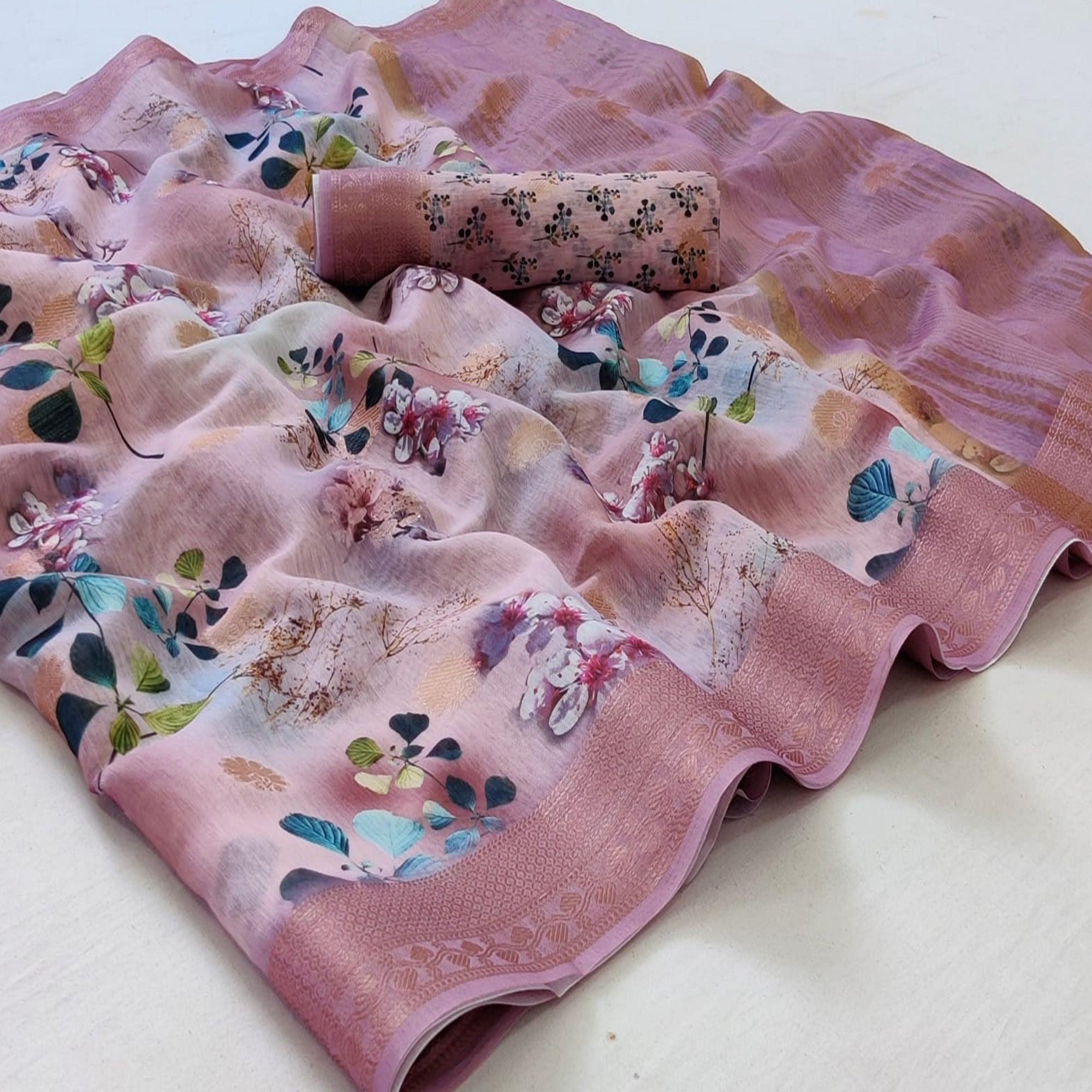 Light Pink Festive Wear Floral Digital Print With Woven Border Handloom Banarasi Silk Saree - Peachmode