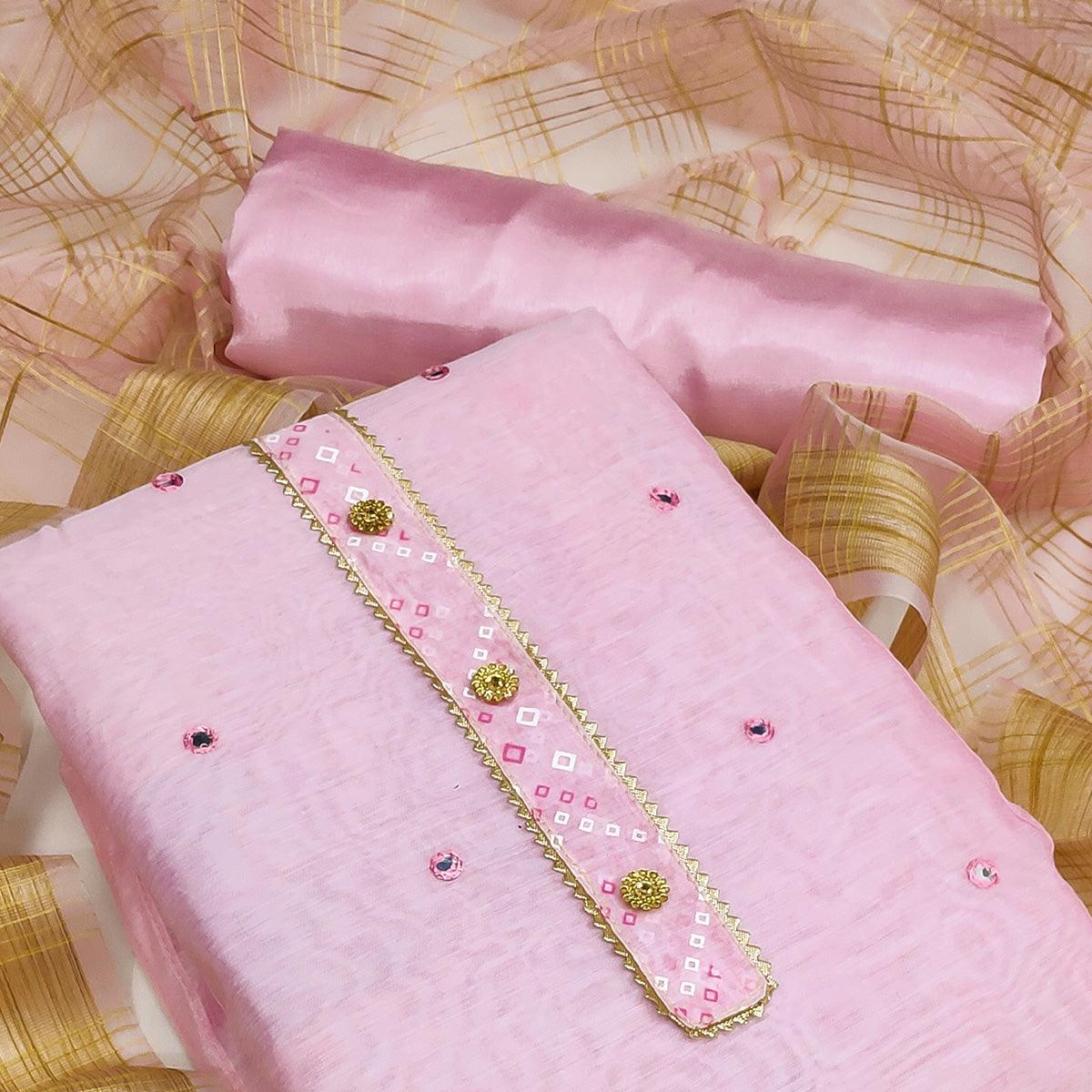 Light Pink Festive Wear Gotta Handwork Chanderi Dress Material - Peachmode