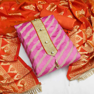 Light Pink Festive Wear Lehriya Designer Woven Banarasi Silk Dress Material - Peachmode