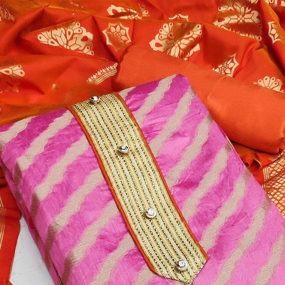 Light Pink Festive Wear Lehriya Designer Woven Banarasi Silk Dress Material - Peachmode