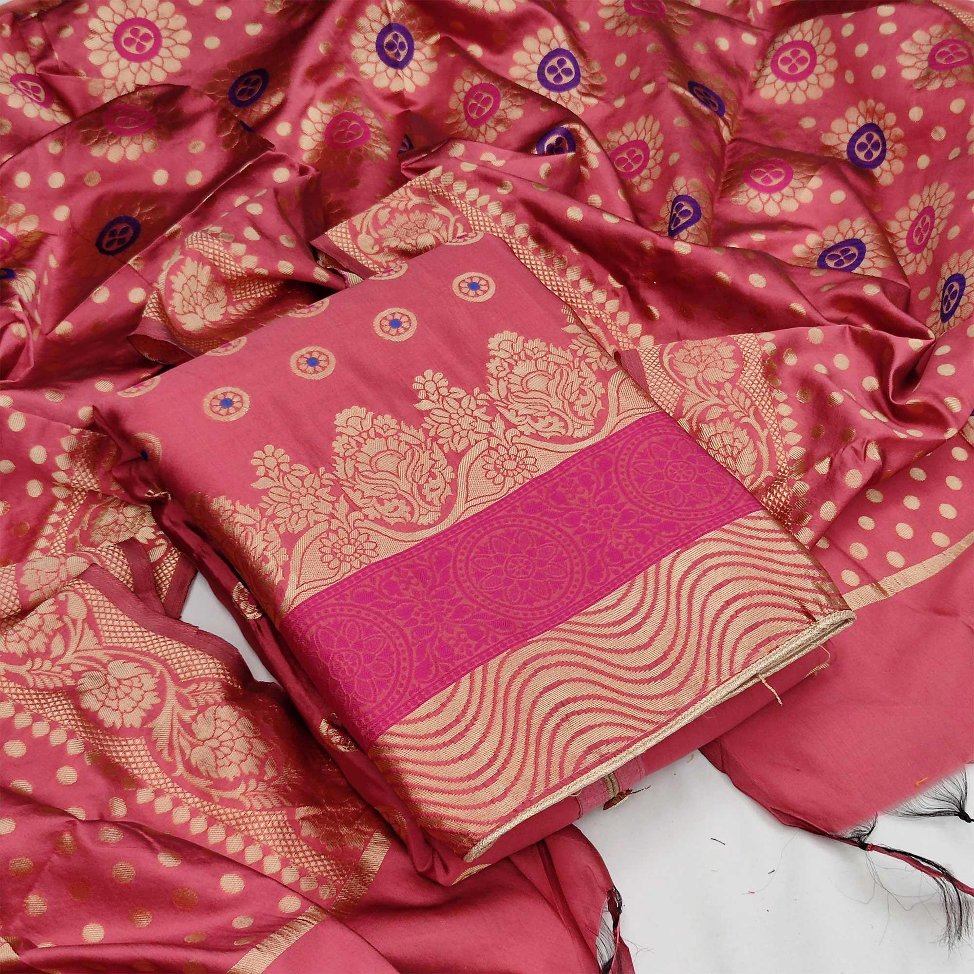 Light Pink Festive Wear Woven Banarasi Silk Dress Material - Peachmode