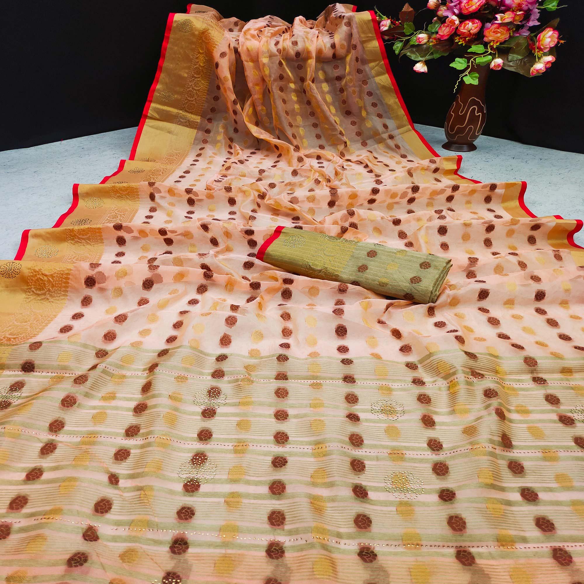 Light Pink Festive Wear Woven Cotton Silk Saree - Peachmode